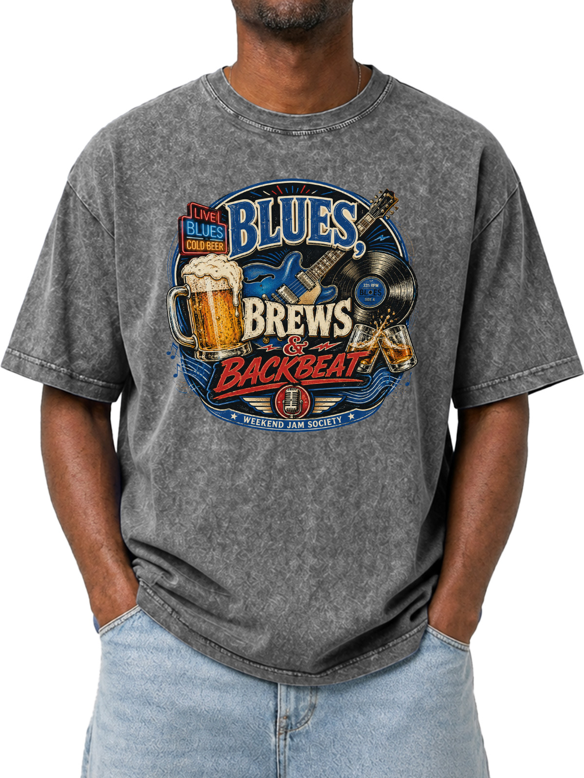 Blues Brews & Backbeat Printed Washed Short-Sleeve Tee