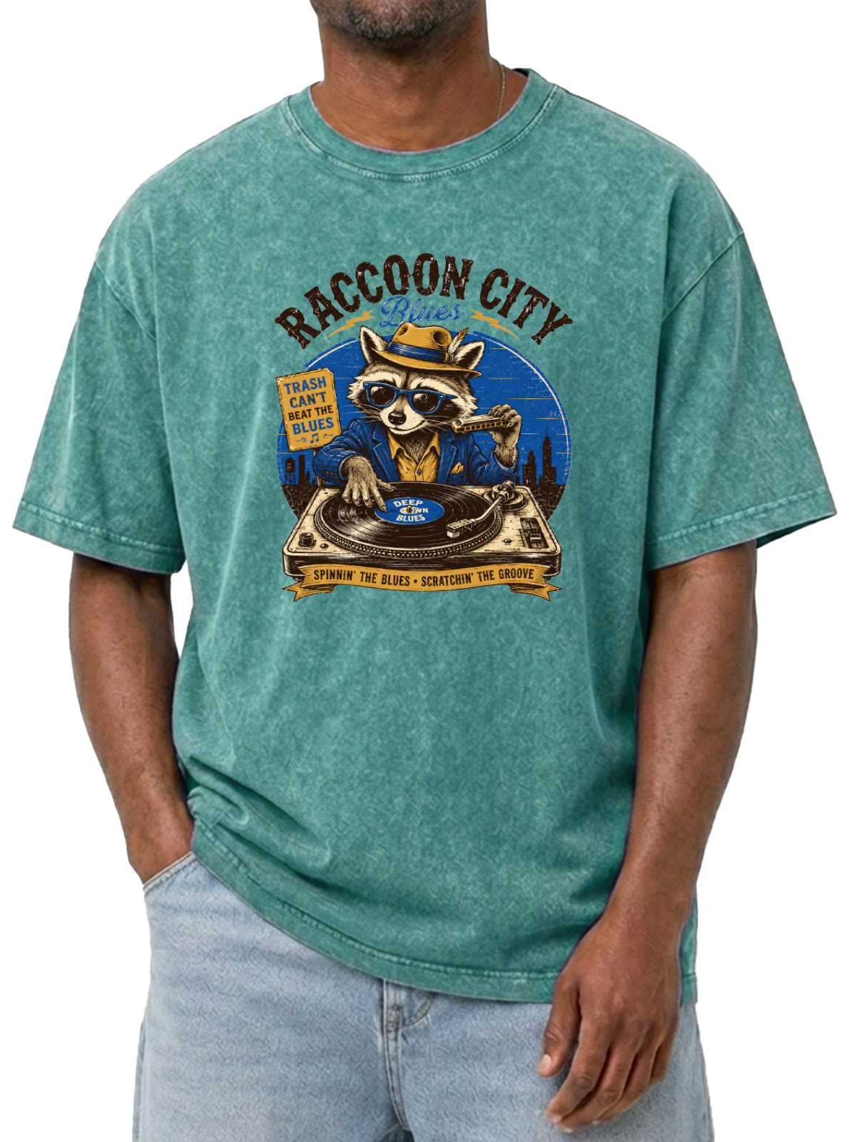 Fun Raccoon City Blues Printed Wash Short Sleeve T-Shirt