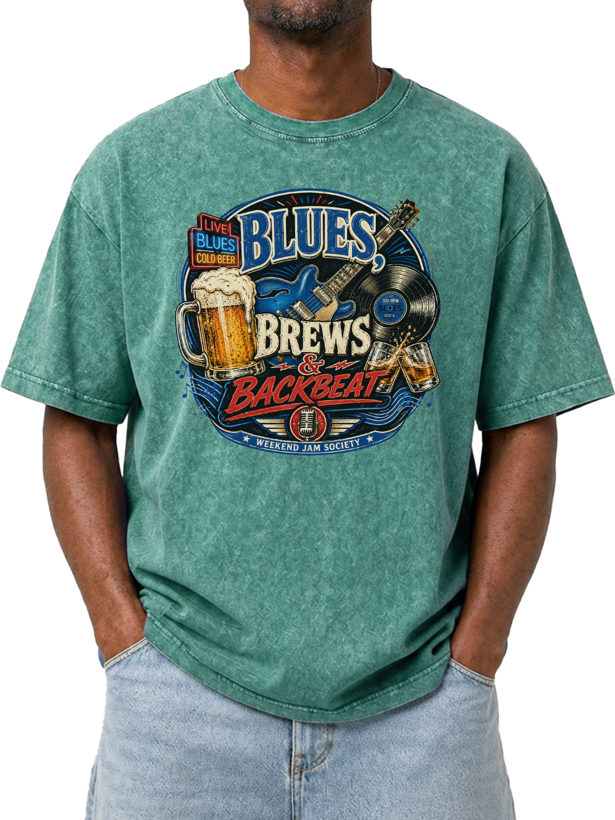 Blues Brews & Backbeat Printed Washed Short-Sleeve Tee