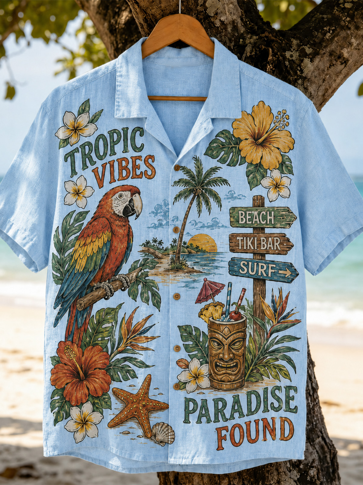 Men’s Tropical Vibes Parrot Paradise Graphic Camp Collar Shirt