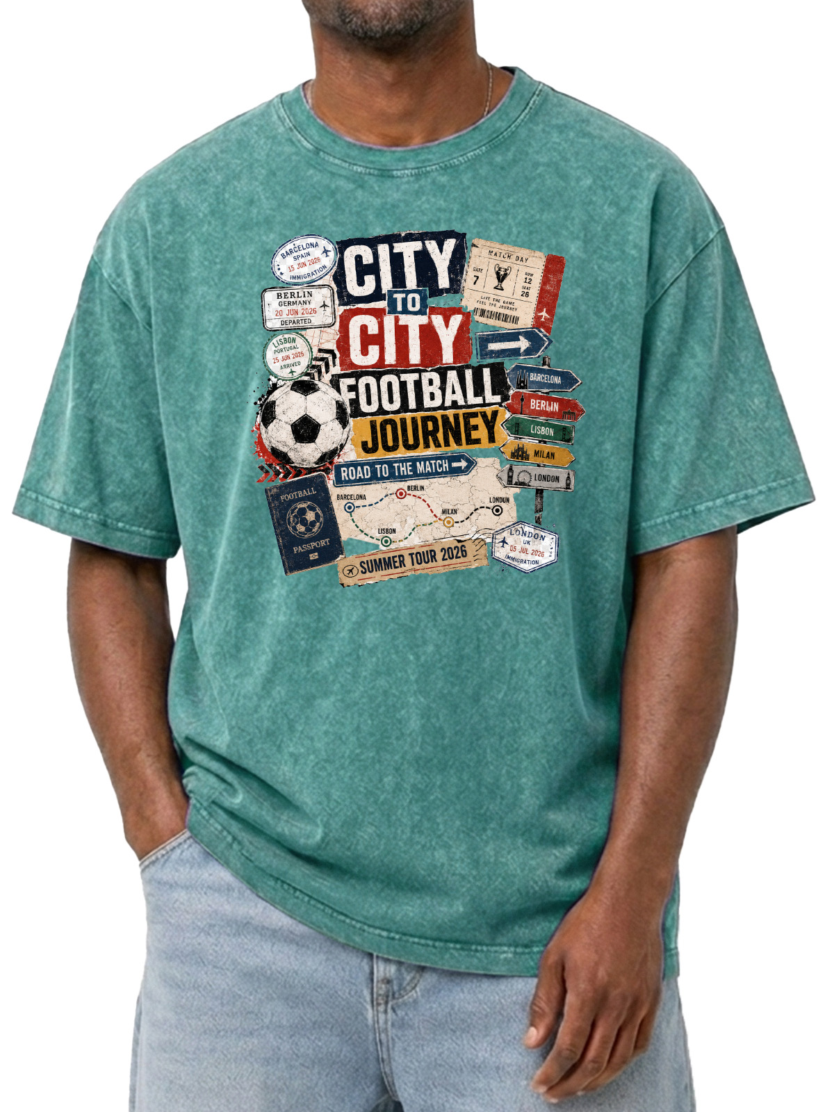 Men’s Vintage Washed Oversized T-Shirt with City to City Football Journey Graphic