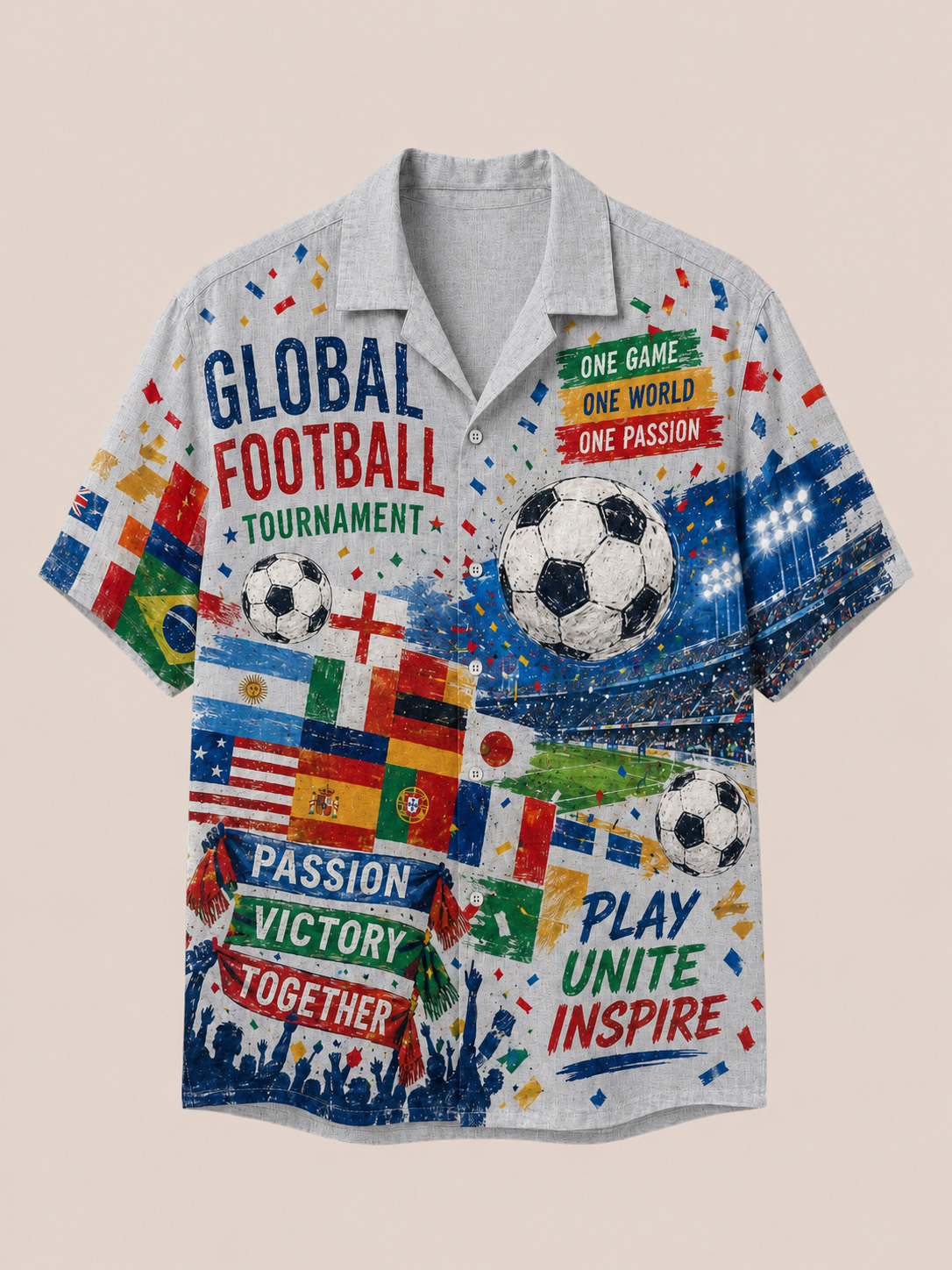 Men’s Global Football Tournament Stadium Print Cuban Collar Button Down Shirt