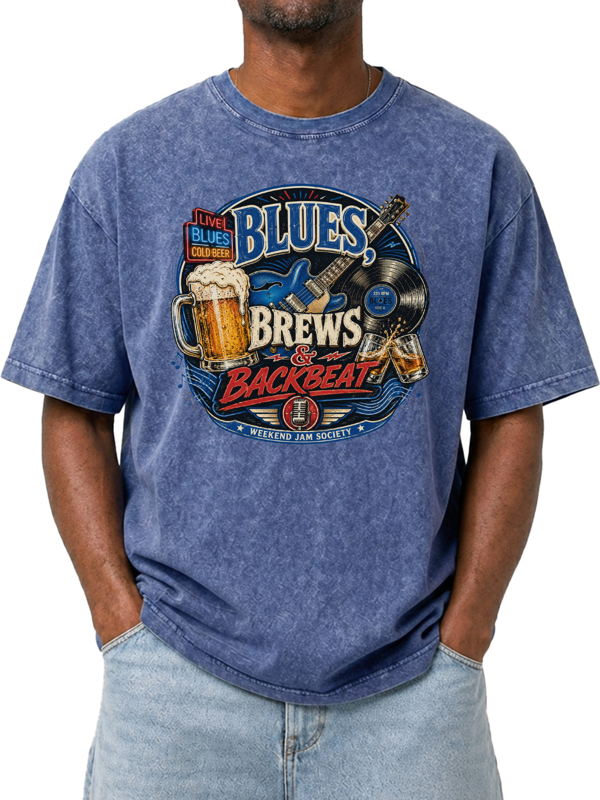 Blues Brews & Backbeat Printed Washed Short-Sleeve Tee