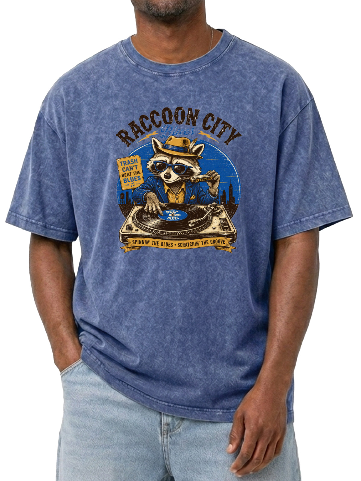 Fun Raccoon City Blues Printed Wash Short Sleeve T-Shirt