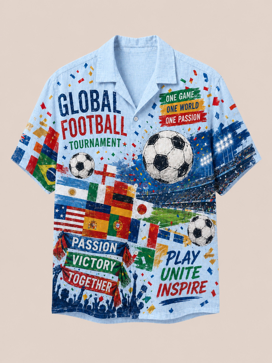 Men’s Global Football Tournament Stadium Print Cuban Collar Button Down Shirt