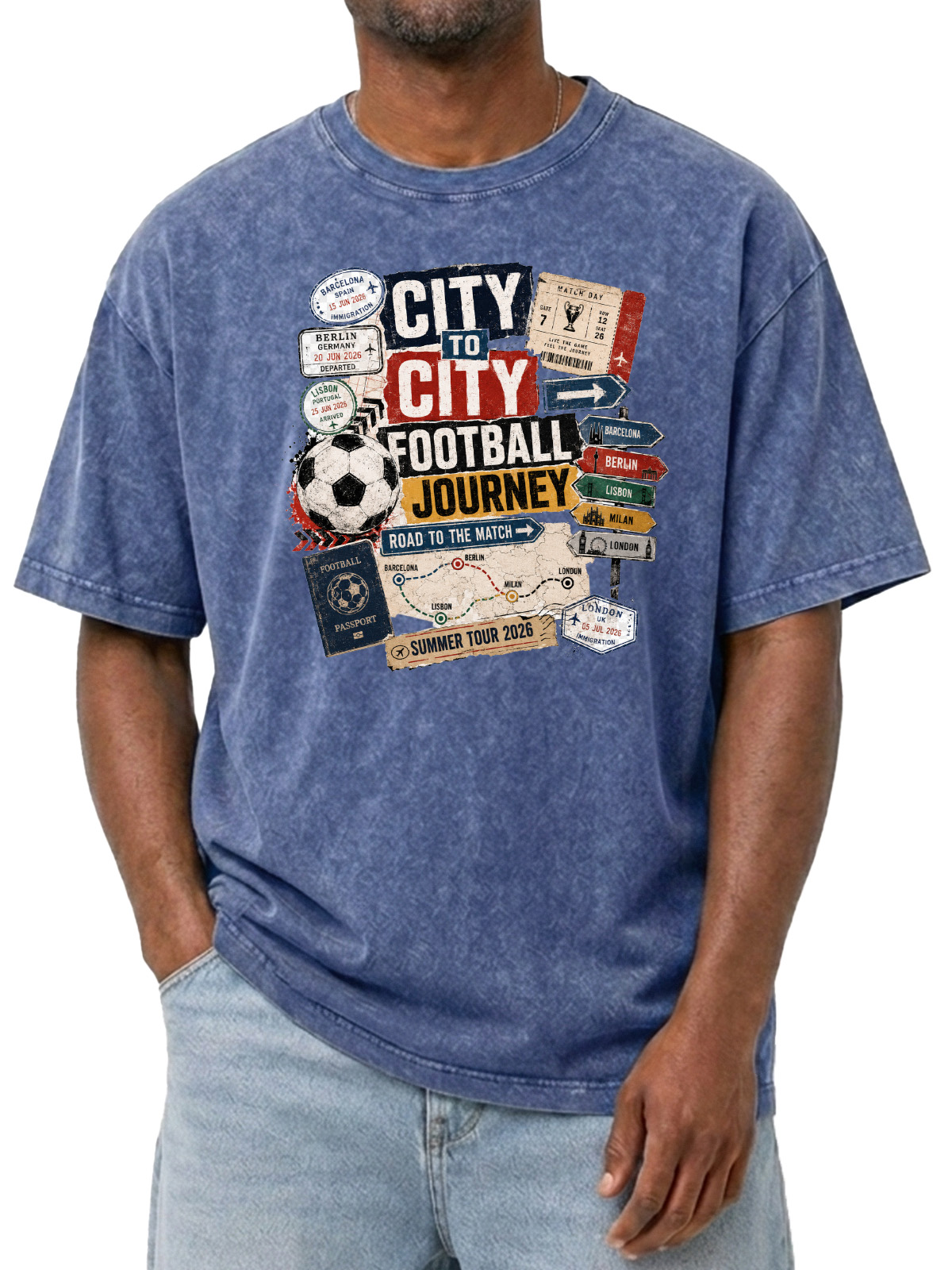 Men’s Vintage Washed Oversized T-Shirt with City to City Football Journey Graphic
