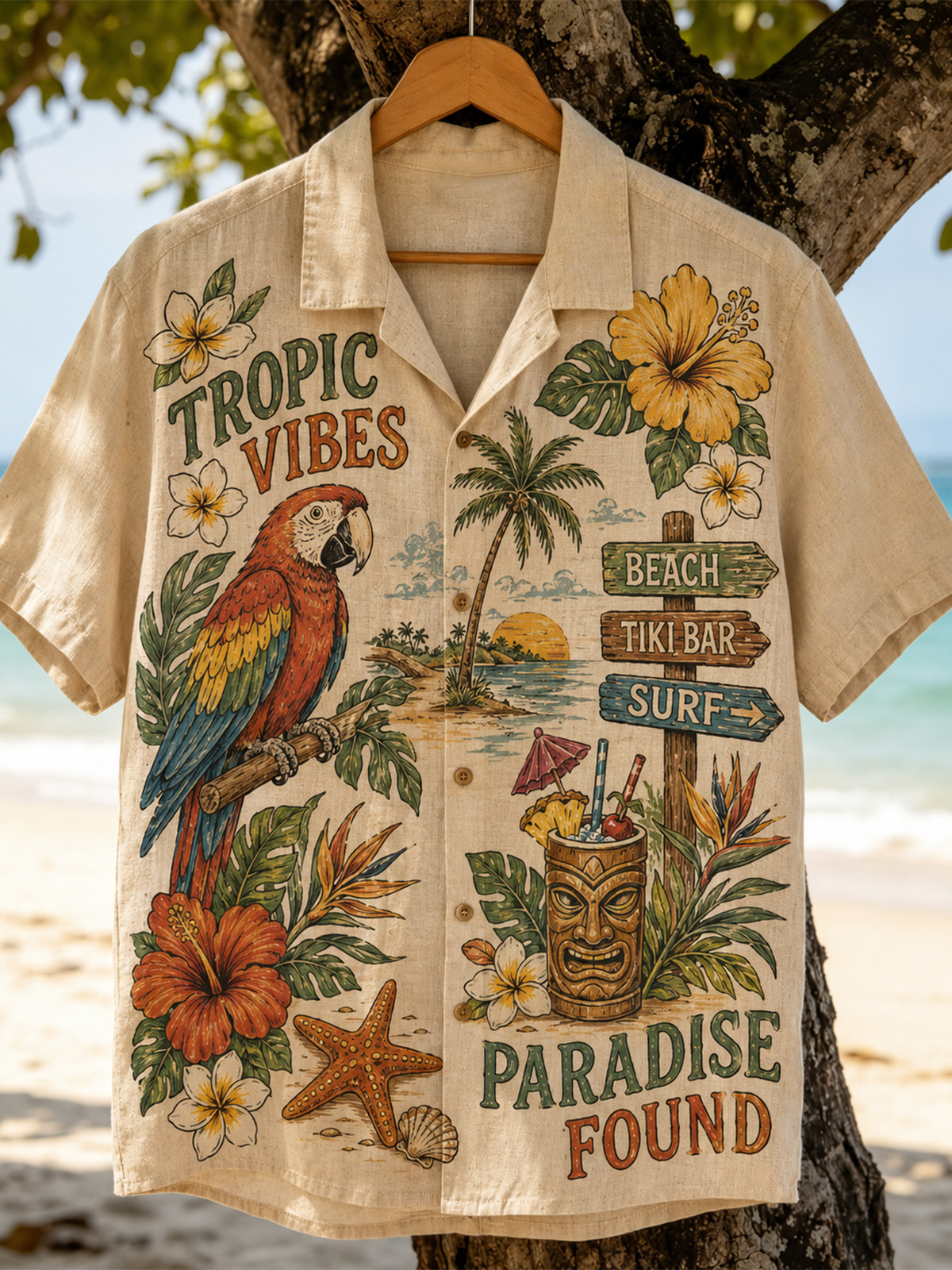 Men’s Tropical Vibes Parrot Paradise Graphic Camp Collar Shirt