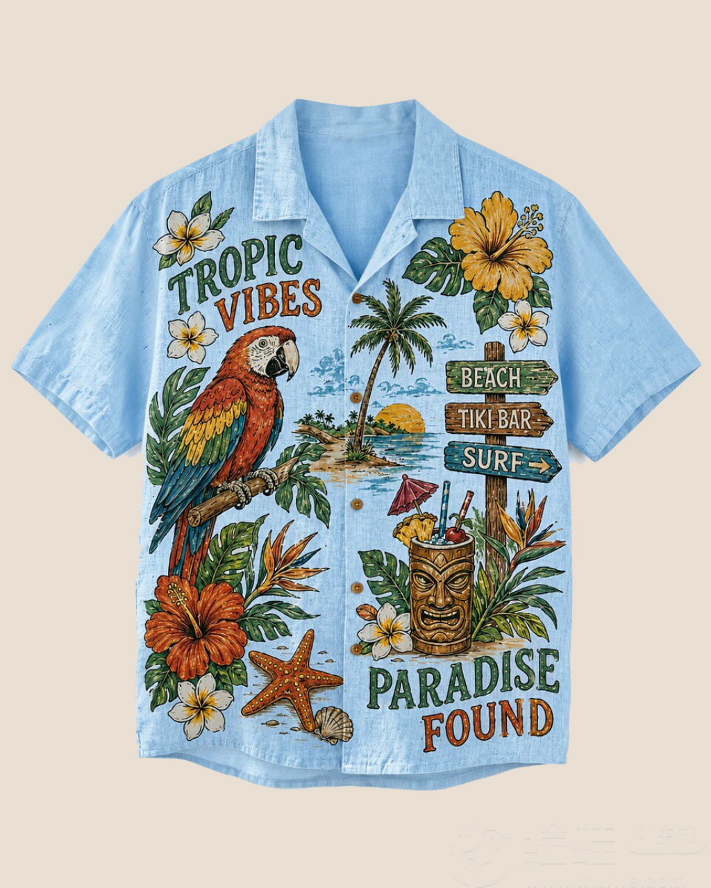 Men’s Tropical Vibes Parrot Paradise Graphic Camp Collar Shirt