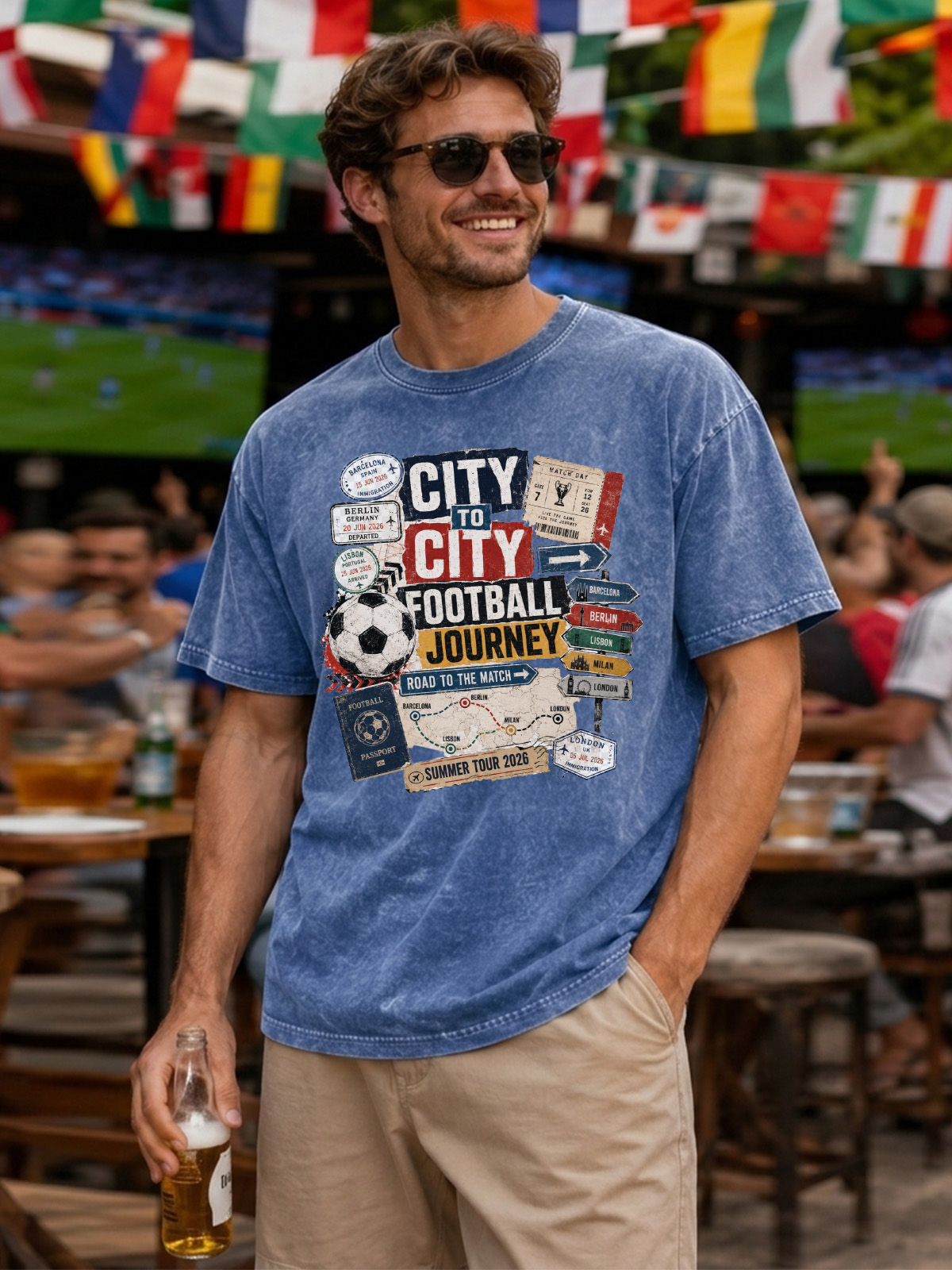 Men’s Vintage Washed Oversized T-Shirt with City to City Football Journey Graphic