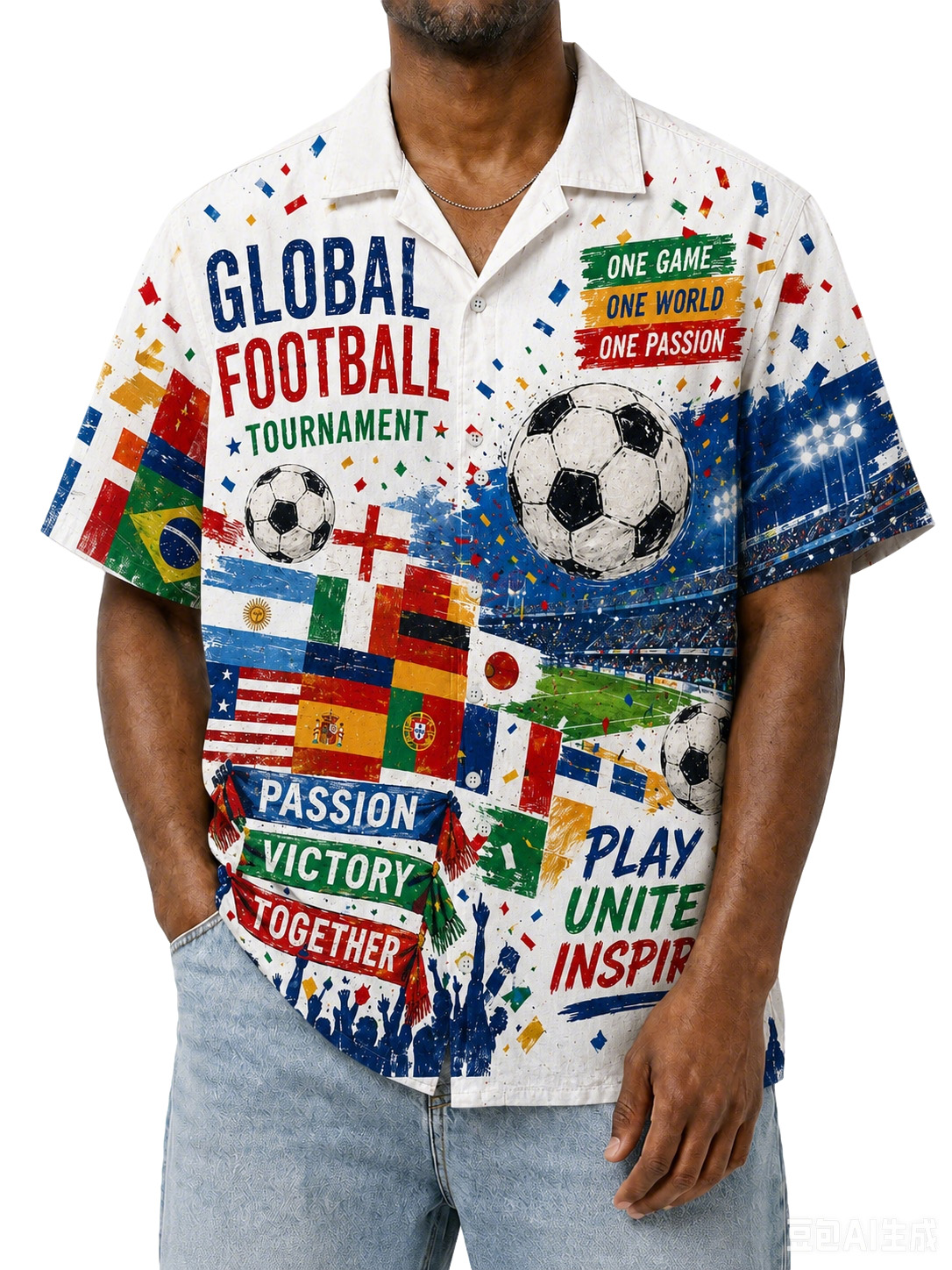 Men’s Global Football Tournament Stadium Print Cuban Collar Button Down Shirt