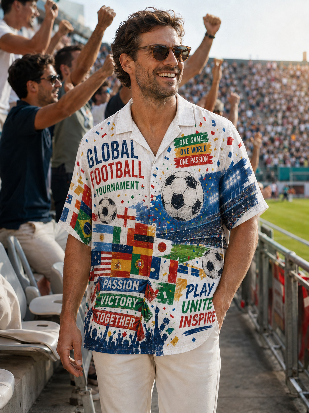 Men’s Global Football Tournament Stadium Print Cuban Collar Button Down Shirt