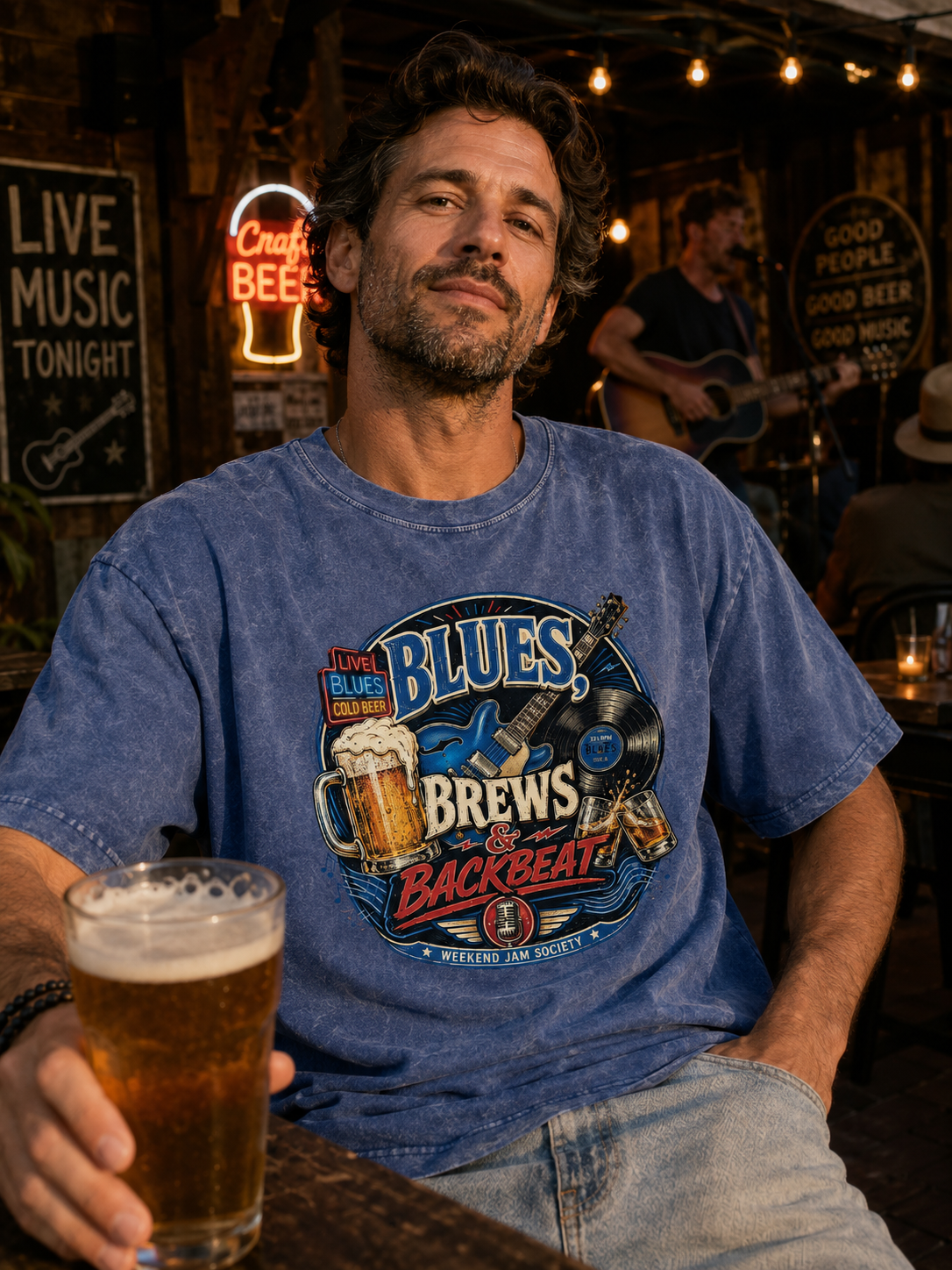Blues Brews & Backbeat Printed Washed Short-Sleeve Tee