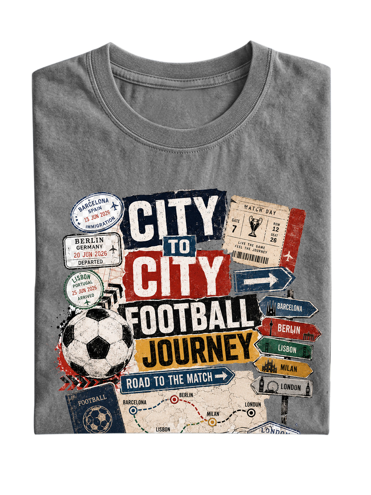 Men’s Vintage Washed Oversized T-Shirt with City to City Football Journey Graphic