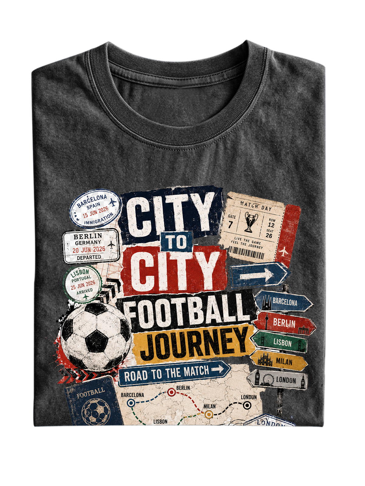 Men’s Vintage Washed Oversized T-Shirt with City to City Football Journey Graphic