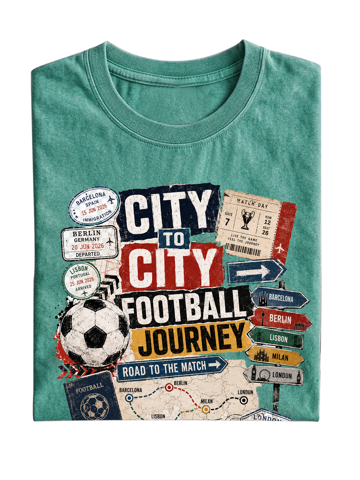 Men’s Vintage Washed Oversized T-Shirt with City to City Football Journey Graphic