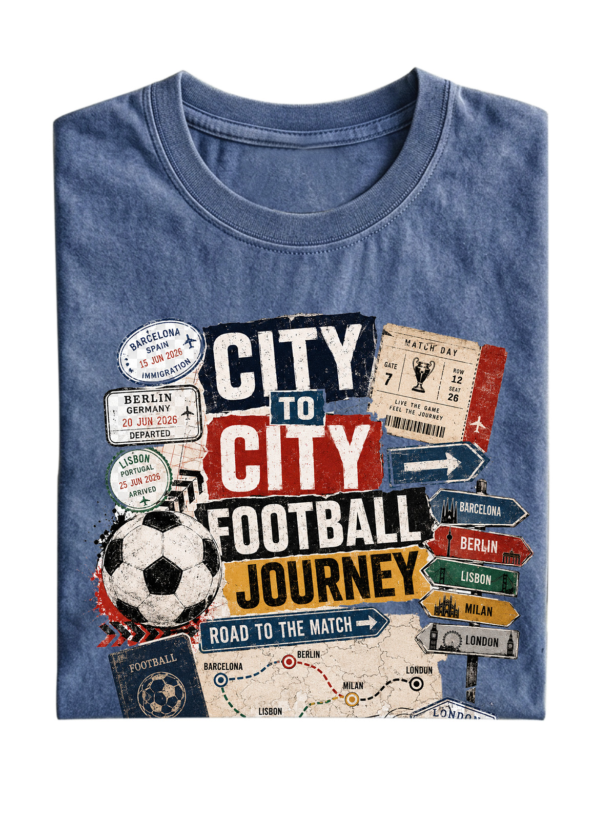 Men’s Vintage Washed Oversized T-Shirt with City to City Football Journey Graphic