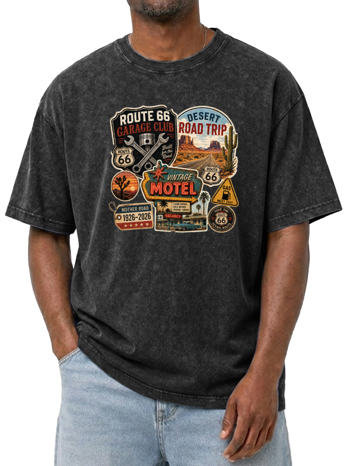 Men’s Vintage Washed Oversized T-Shirt with Route 66 Garage Club Road Trip Graphic