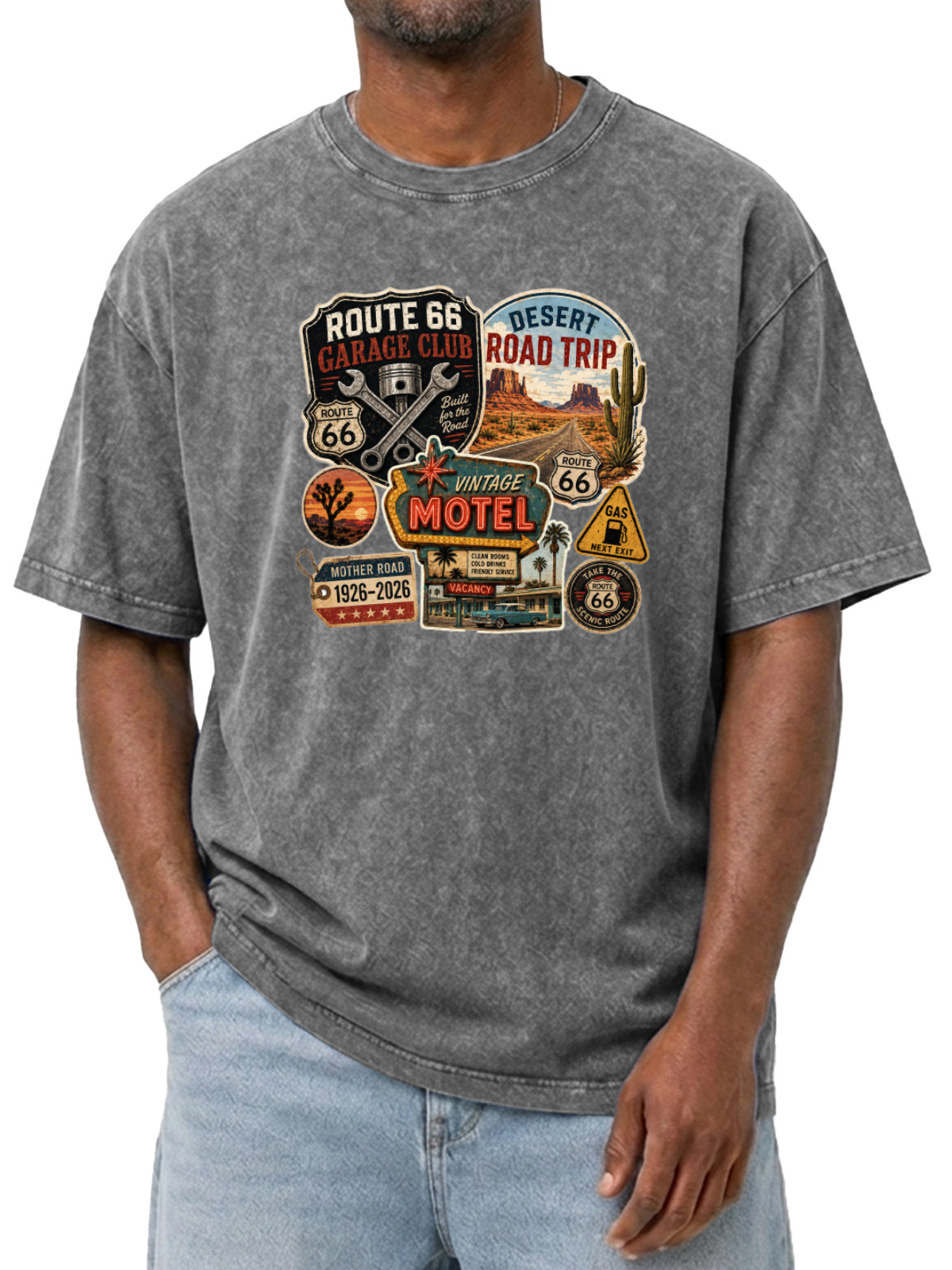 Men’s Vintage Washed Oversized T-Shirt with Route 66 Garage Club Road Trip Graphic