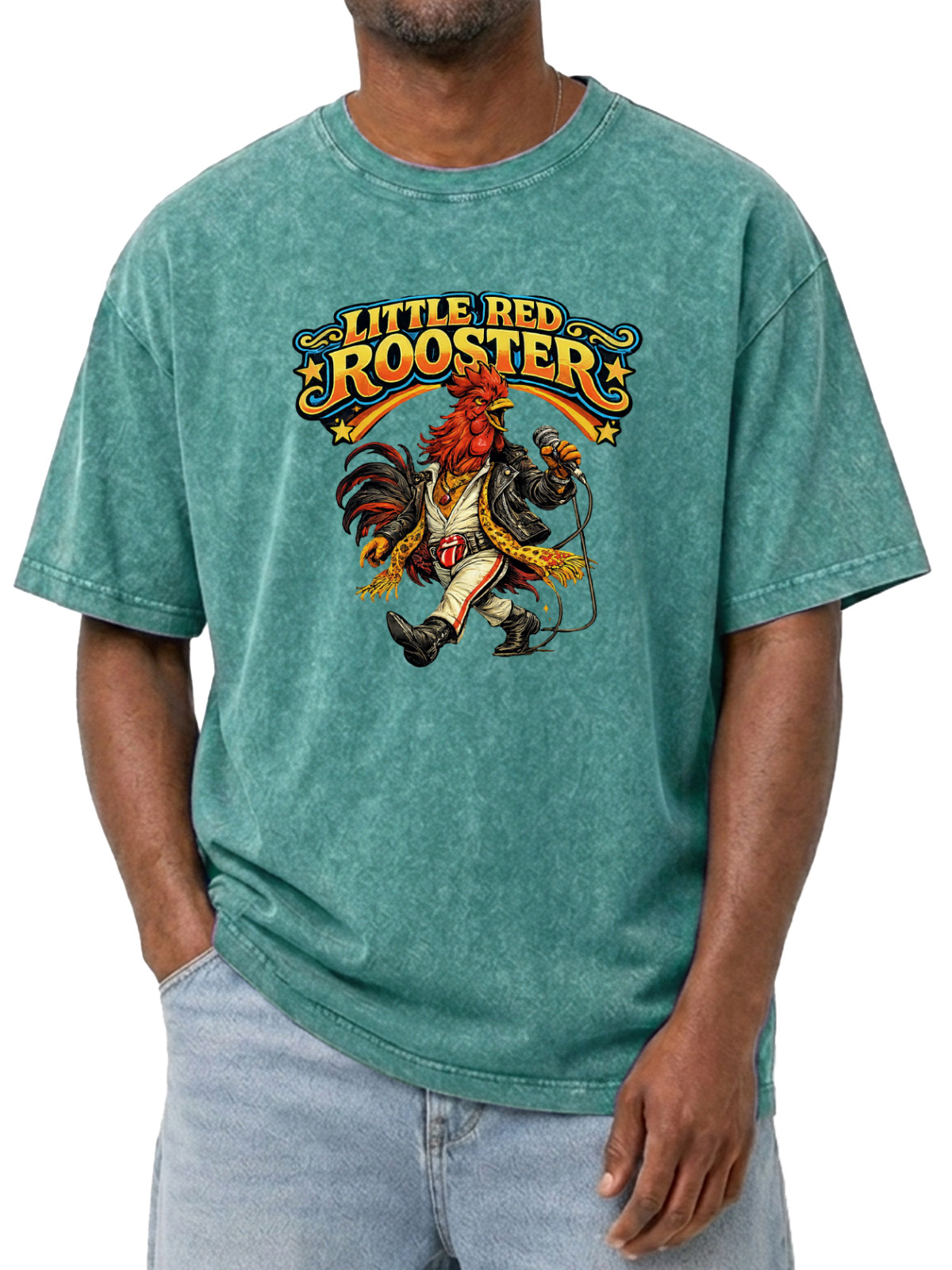 Tribute To Little Red Rooster Print Washed Short Sleeve T-shirt