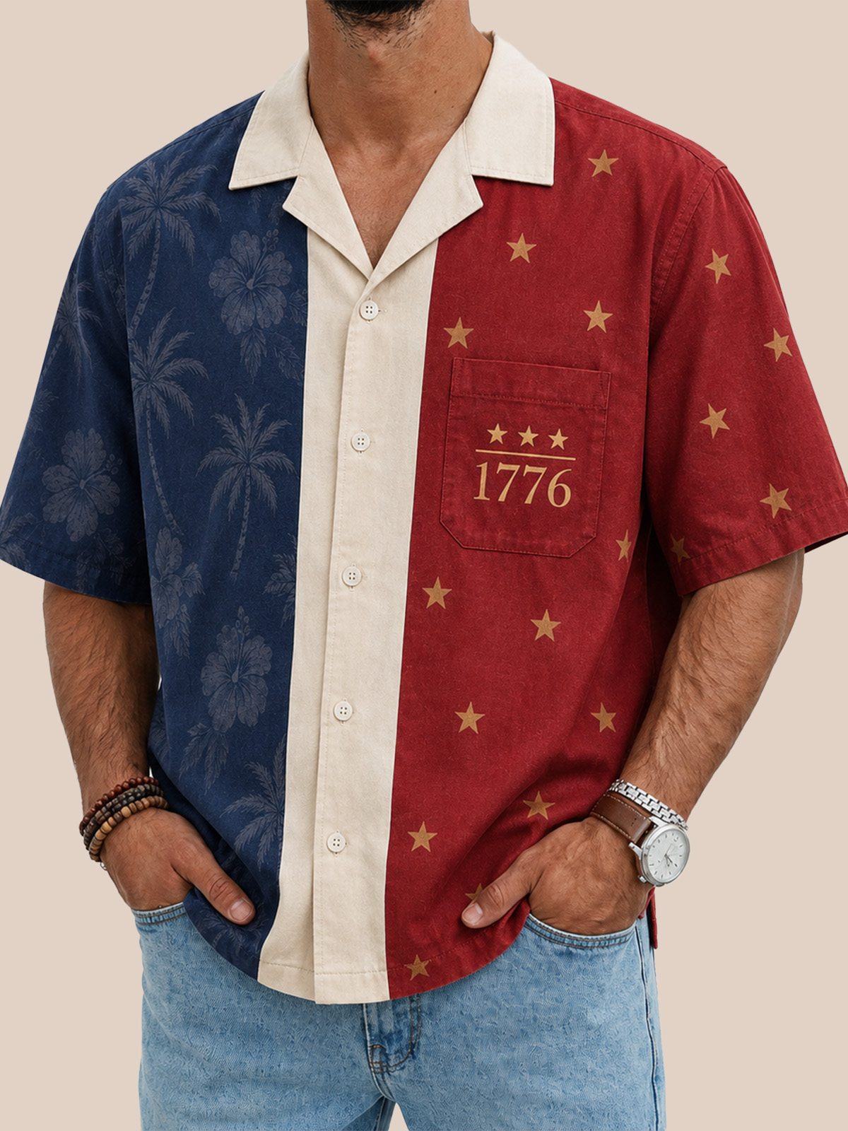 Men’s 1776 Patriotic Hawaiian Shirt with Palm Tree and Star Print