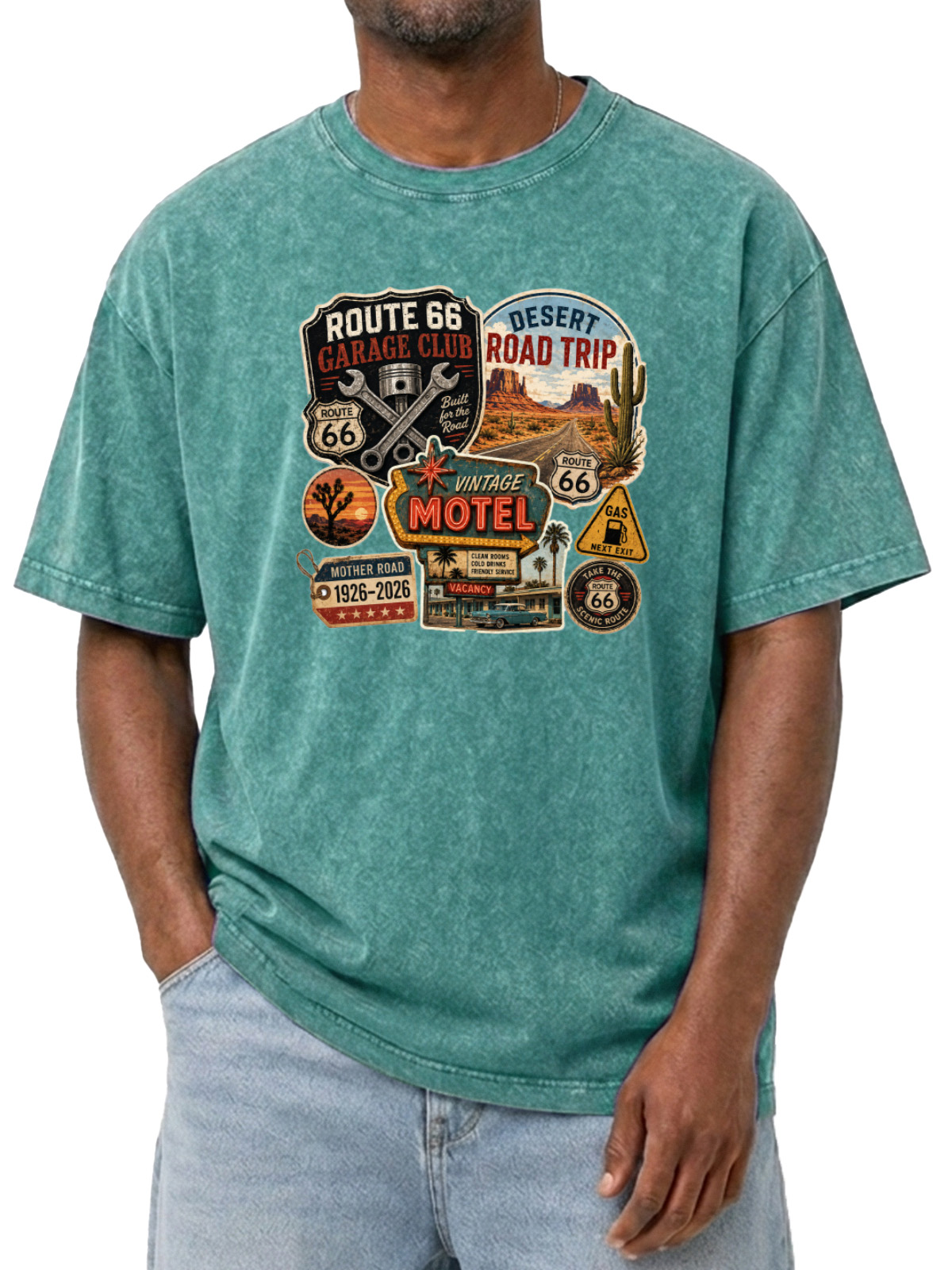 Men’s Vintage Washed Oversized T-Shirt with Route 66 Garage Club Road Trip Graphic