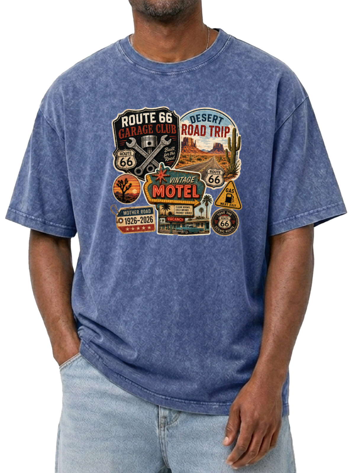 Men’s Vintage Washed Oversized T-Shirt with Route 66 Garage Club Road Trip Graphic