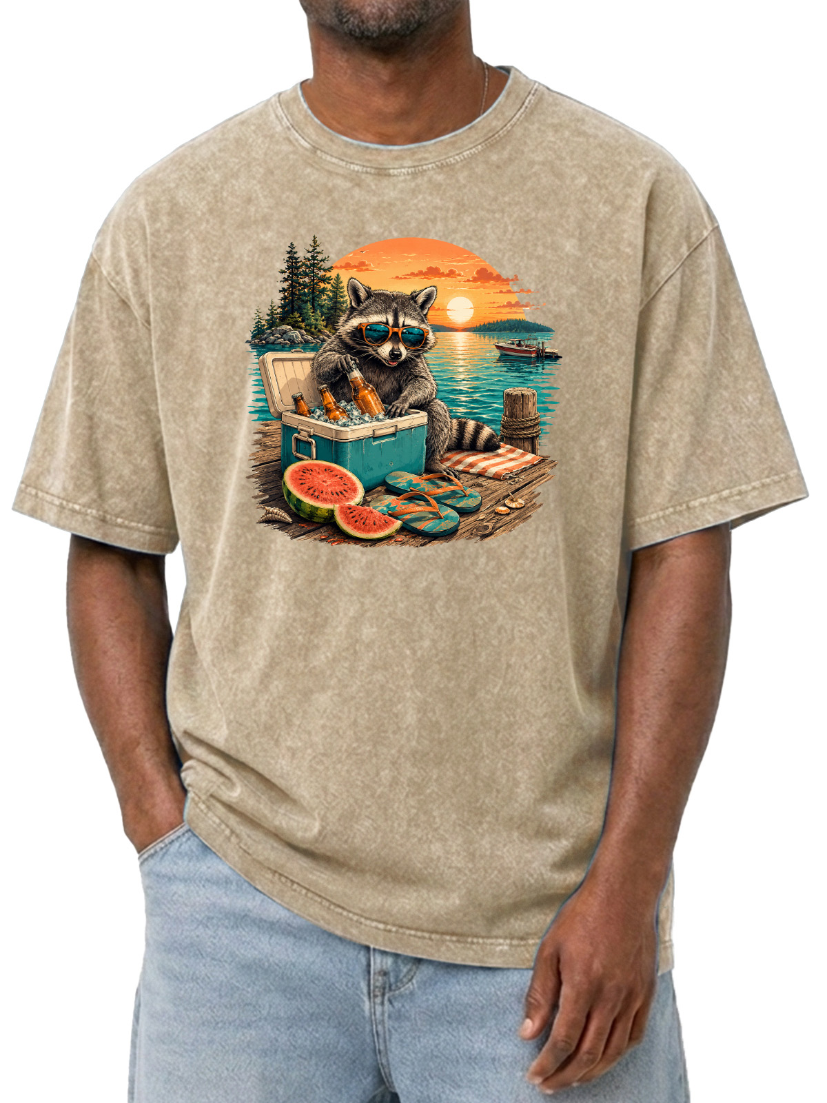 Fun Raccoon Vacation Washed Cotton Tee