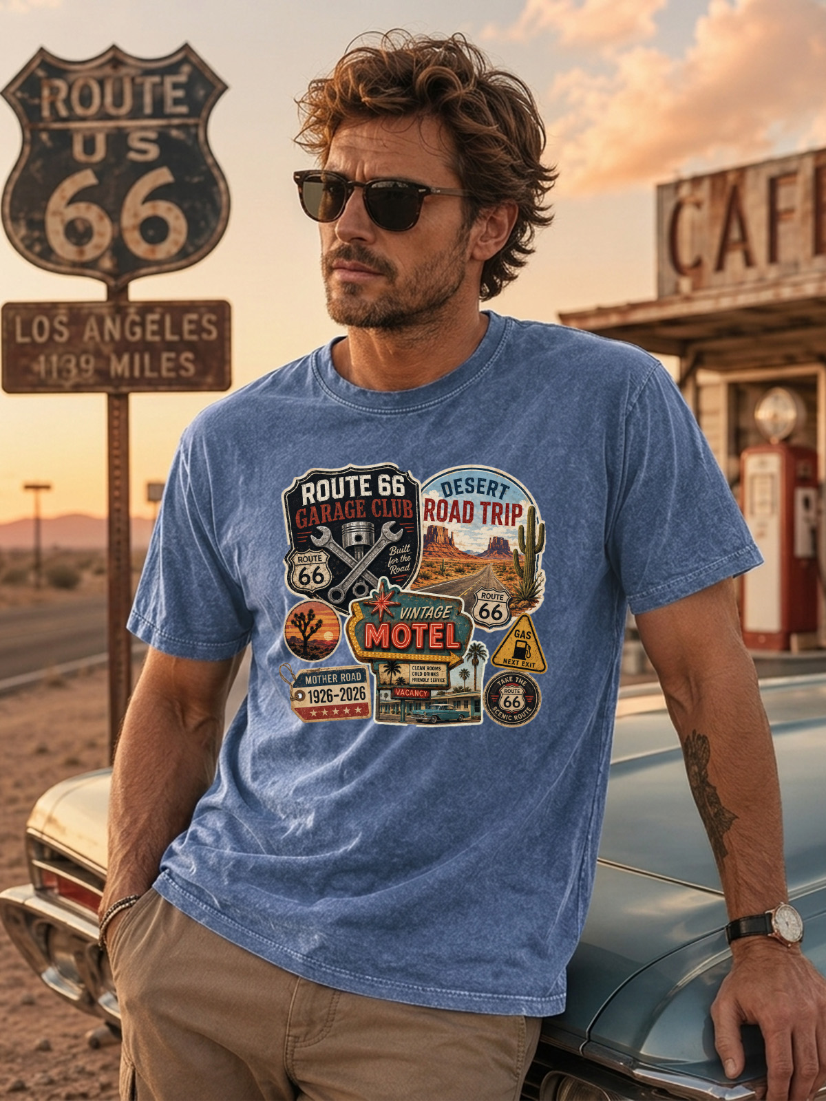 Men’s Vintage Washed Oversized T-Shirt with Route 66 Garage Club Road Trip Graphic