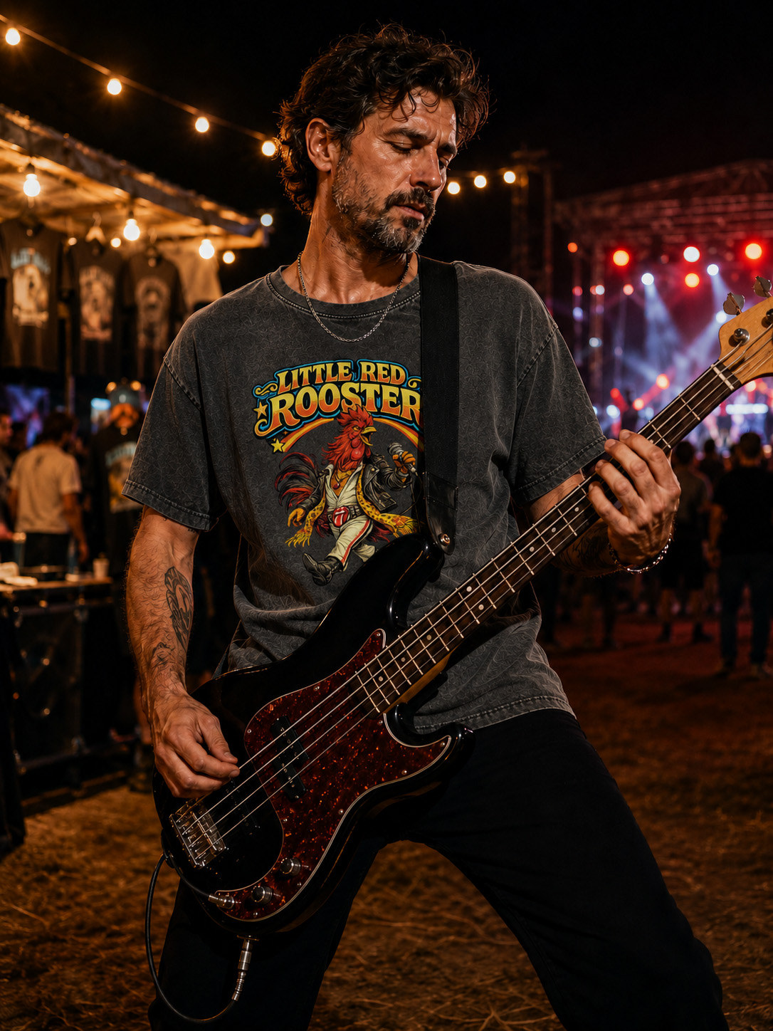 Tribute To Little Red Rooster Print Washed Short Sleeve T-shirt