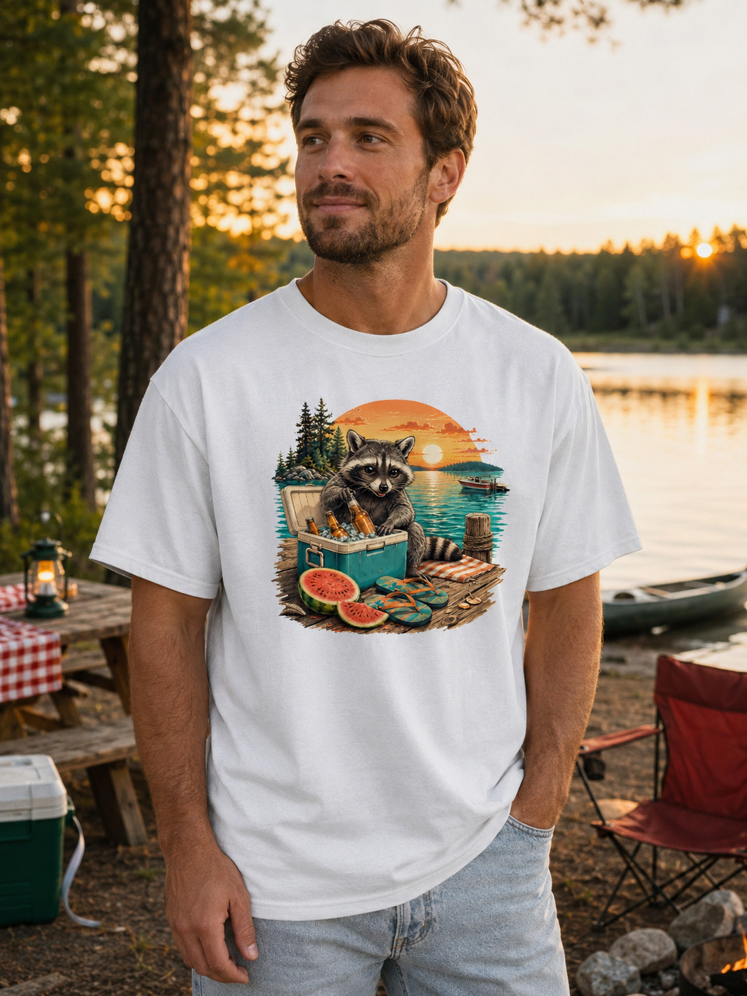 Fun Raccoon Vacation Washed Cotton Tee