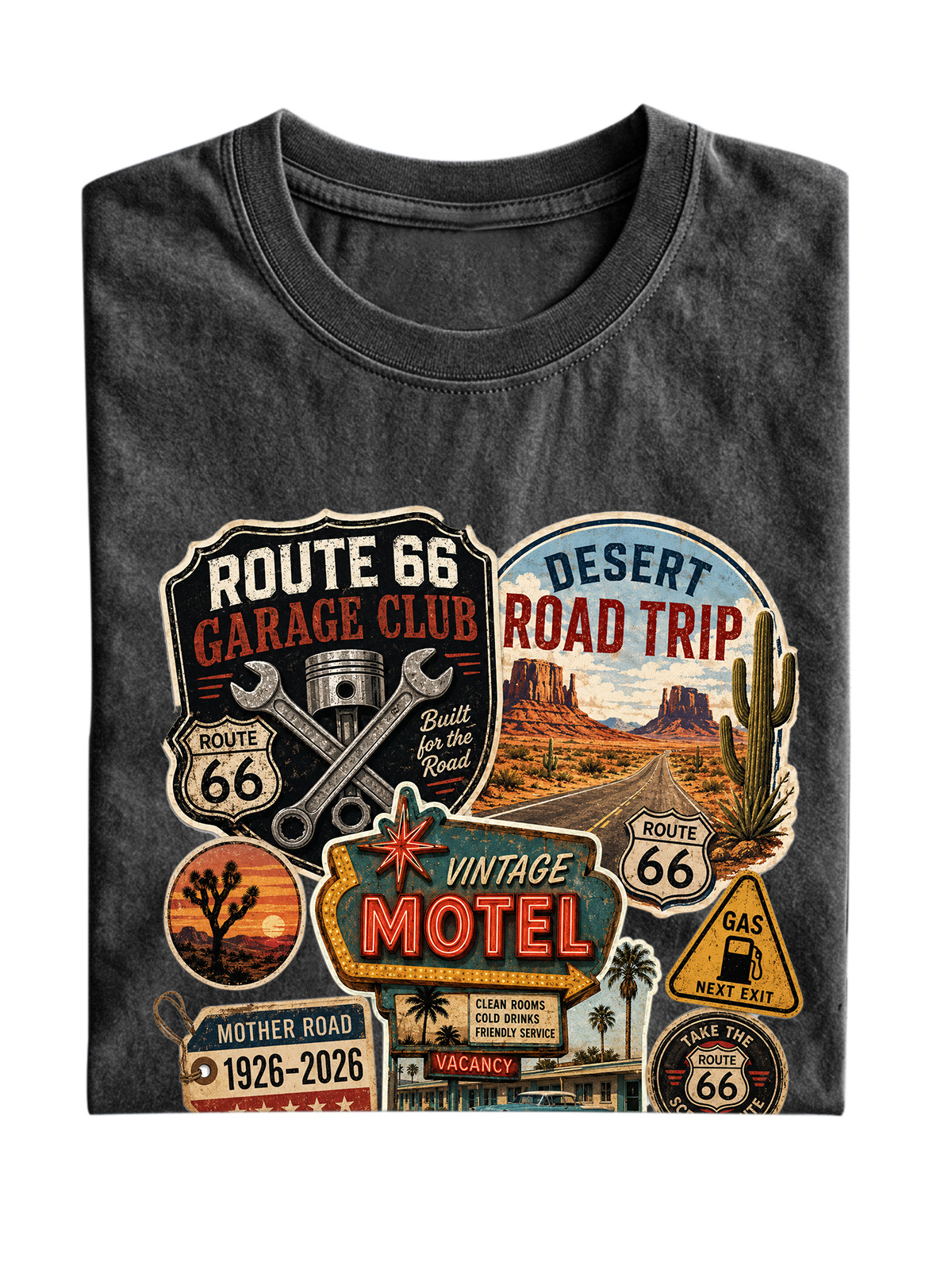 Men’s Vintage Washed Oversized T-Shirt with Route 66 Garage Club Road Trip Graphic