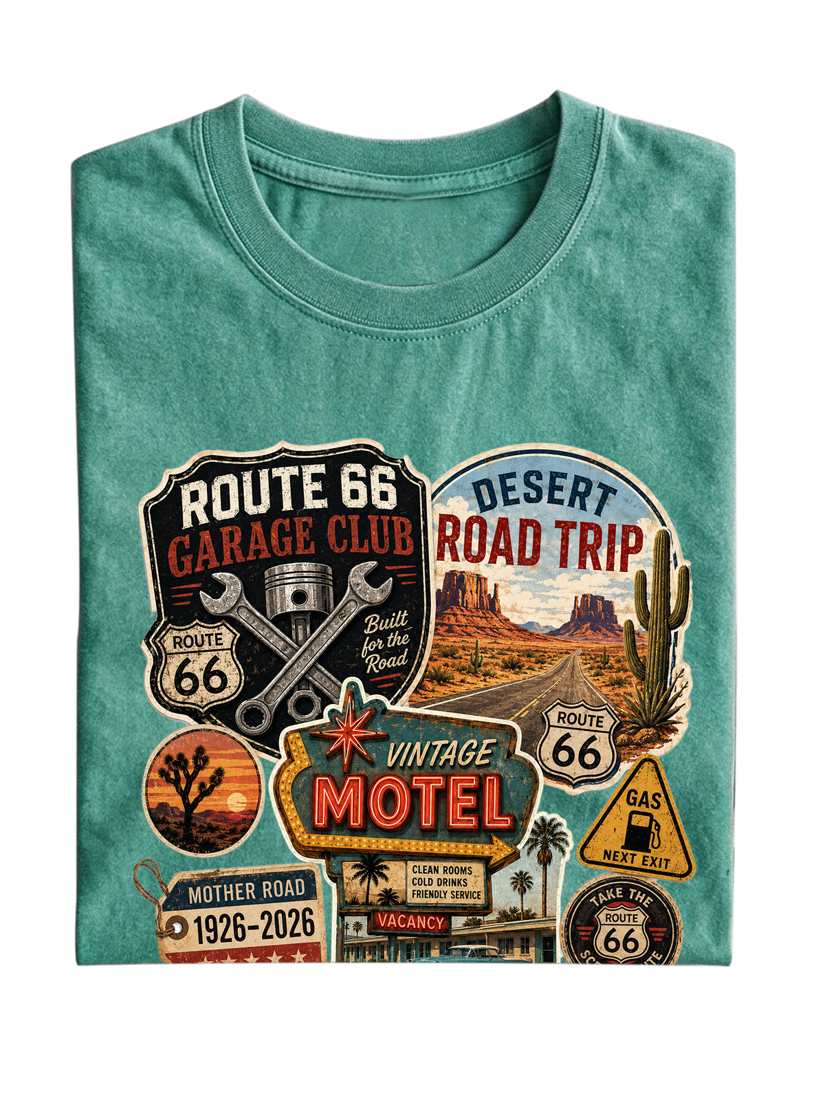 Men’s Vintage Washed Oversized T-Shirt with Route 66 Garage Club Road Trip Graphic