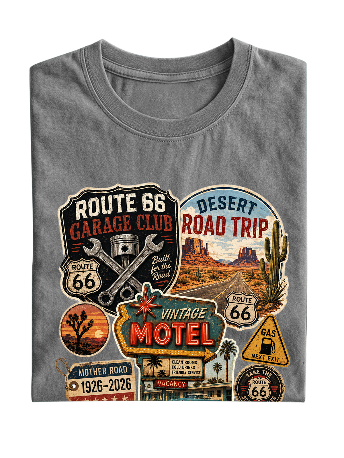 Men’s Vintage Washed Oversized T-Shirt with Route 66 Garage Club Road Trip Graphic