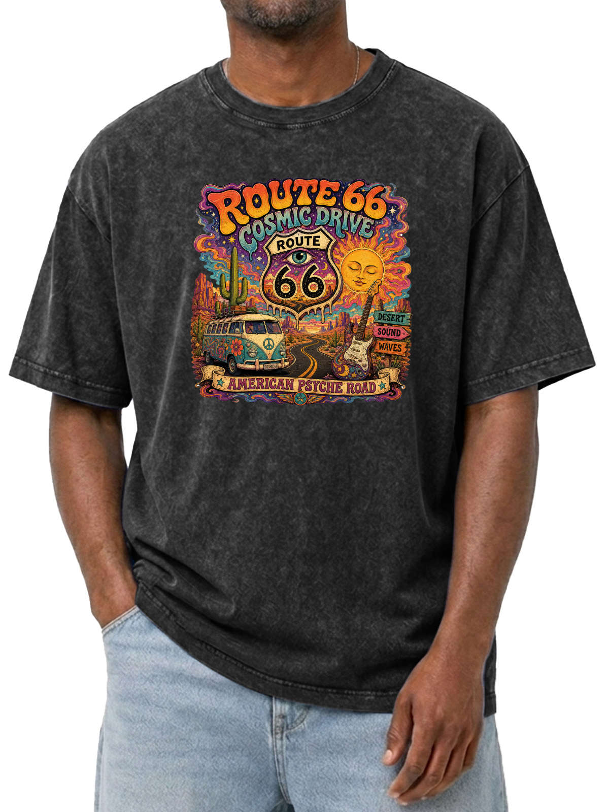 Men’s Route 66 Cosmic Drive T-Shirt Vintage Psychedelic Road Trip Graphic Tee