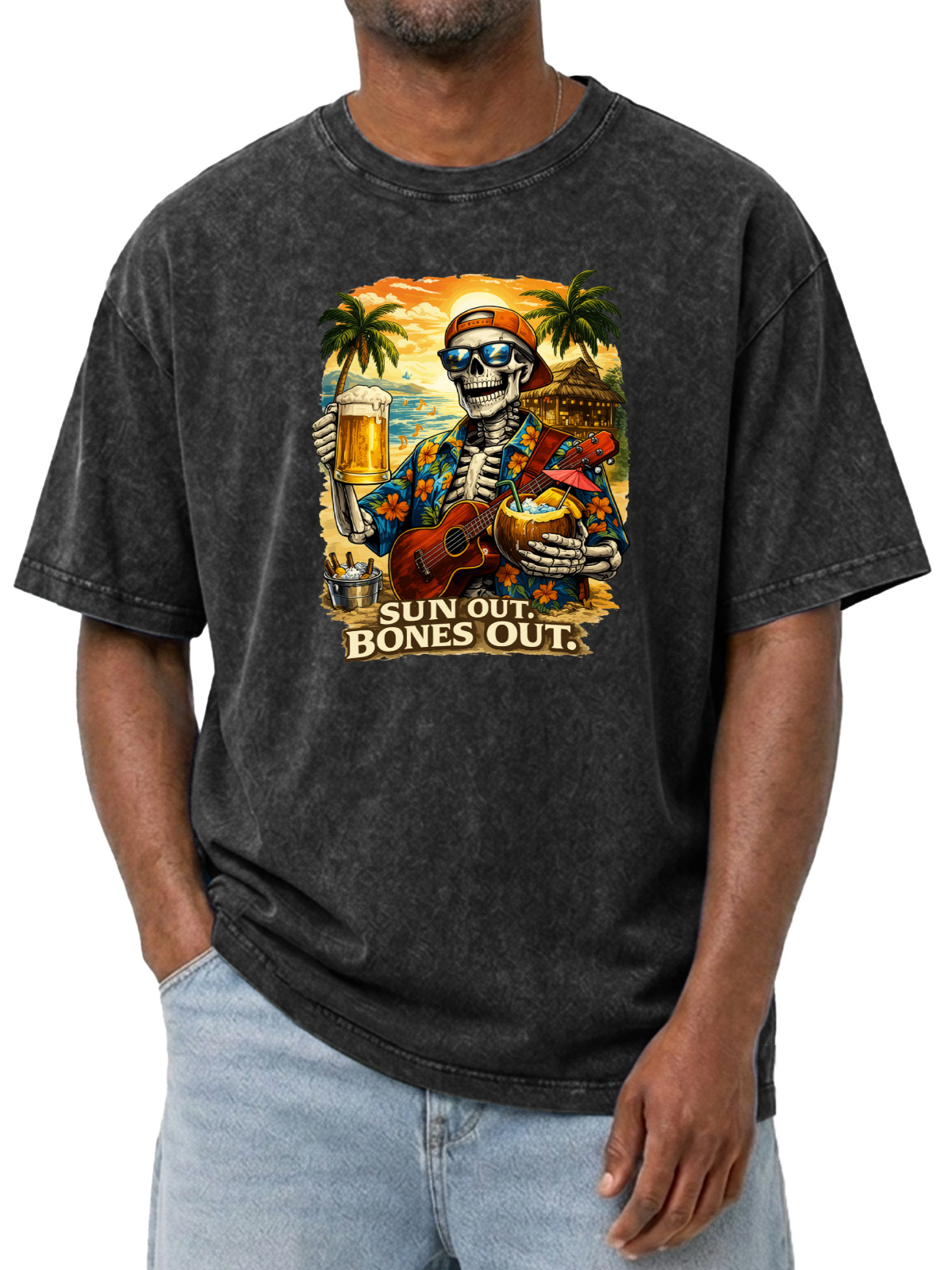 Hawaiian Sun Out Bones Out Printed Washed Cotton T-shirt