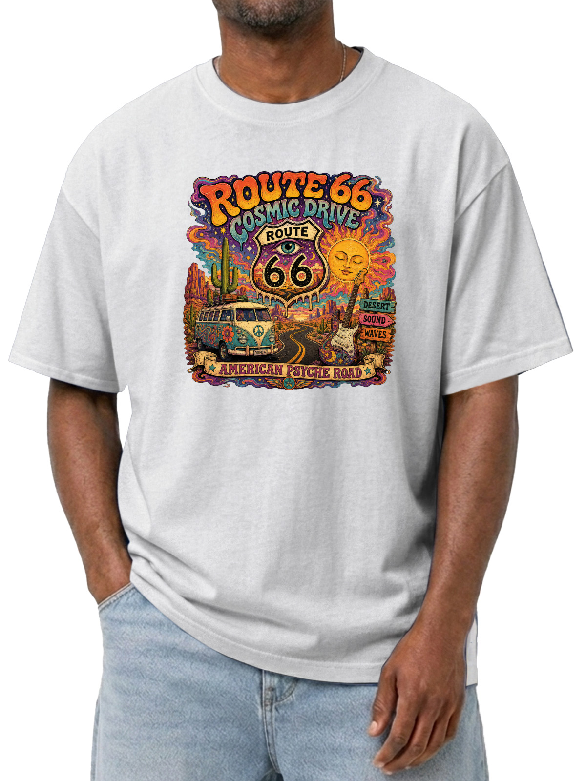 Men’s Route 66 Cosmic Drive T-Shirt Vintage Psychedelic Road Trip Graphic Tee