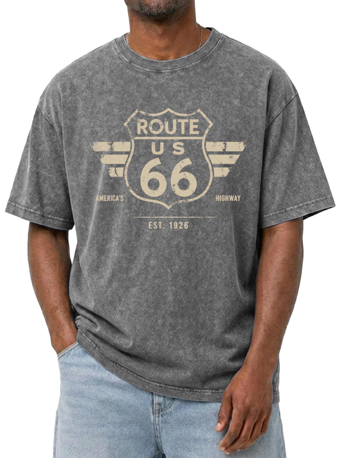 Men’s Vintage Washed Oversized T-Shirt with Route US 66 America’s Highway Graphic