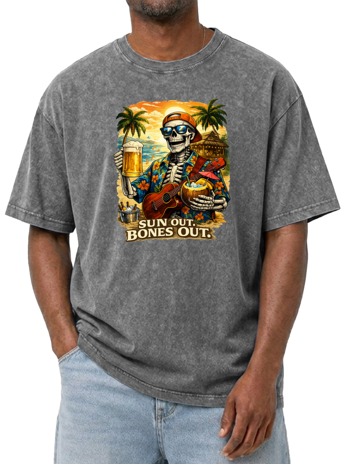 Hawaiian Sun Out Bones Out Printed Washed Cotton T-shirt