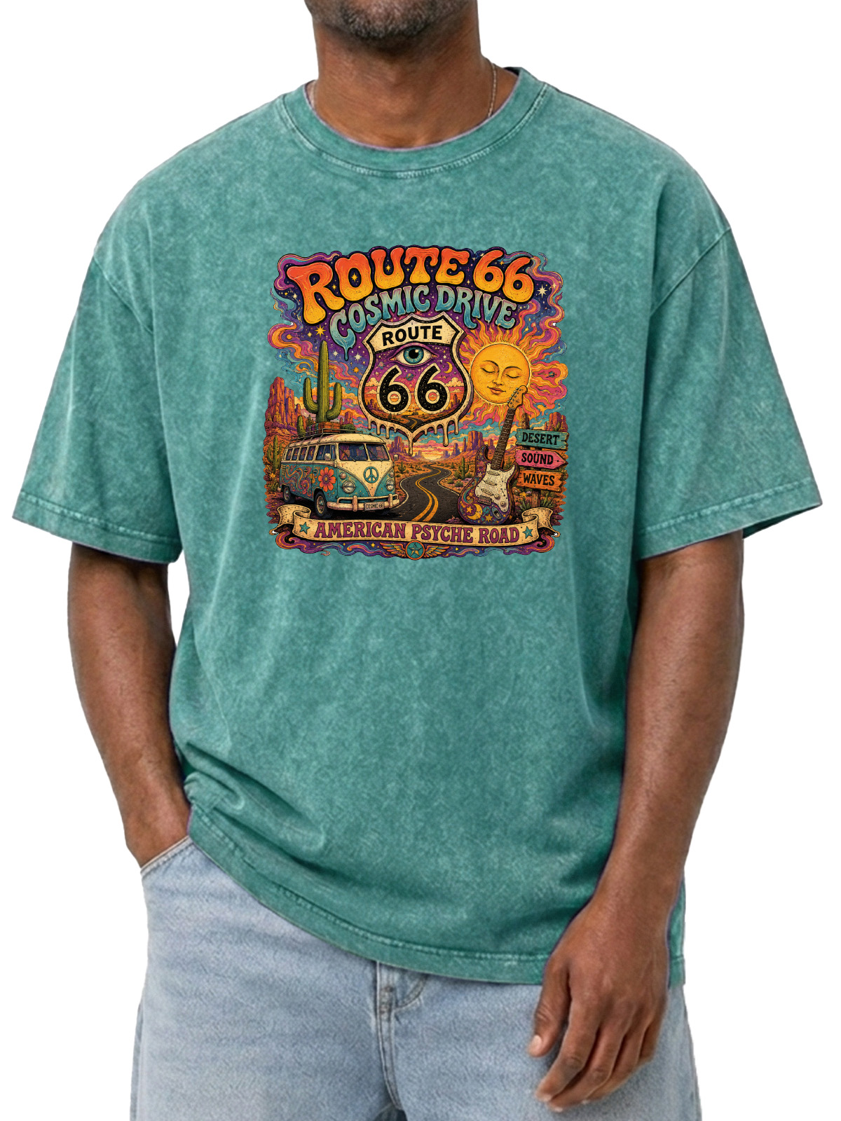 Men’s Route 66 Cosmic Drive T-Shirt Vintage Psychedelic Road Trip Graphic Tee