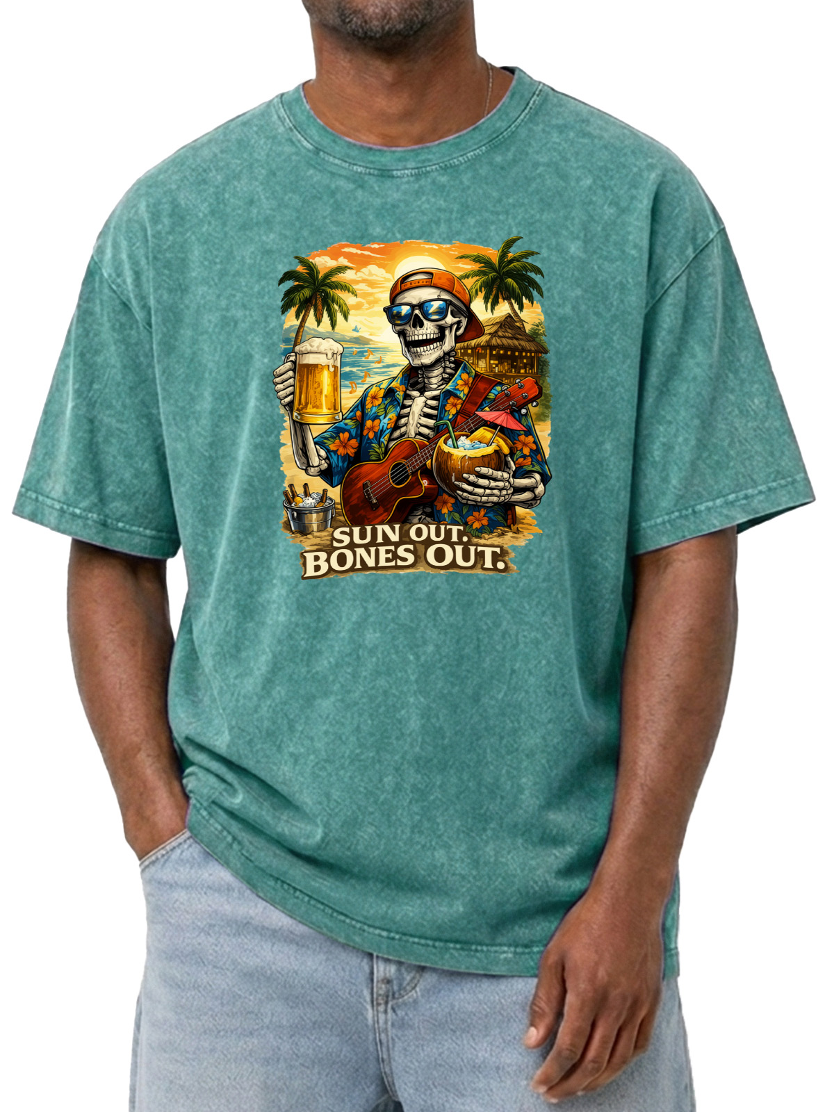 Hawaiian Sun Out Bones Out Printed Washed Cotton T-shirt