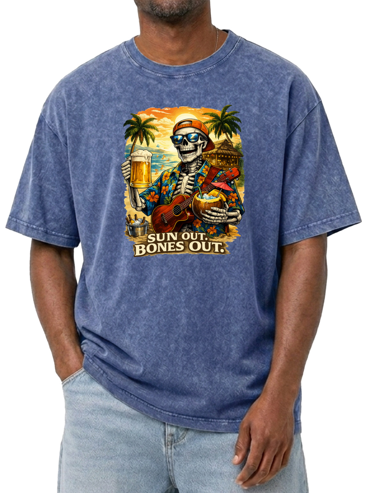 Hawaiian Sun Out Bones Out Printed Washed Cotton T-shirt