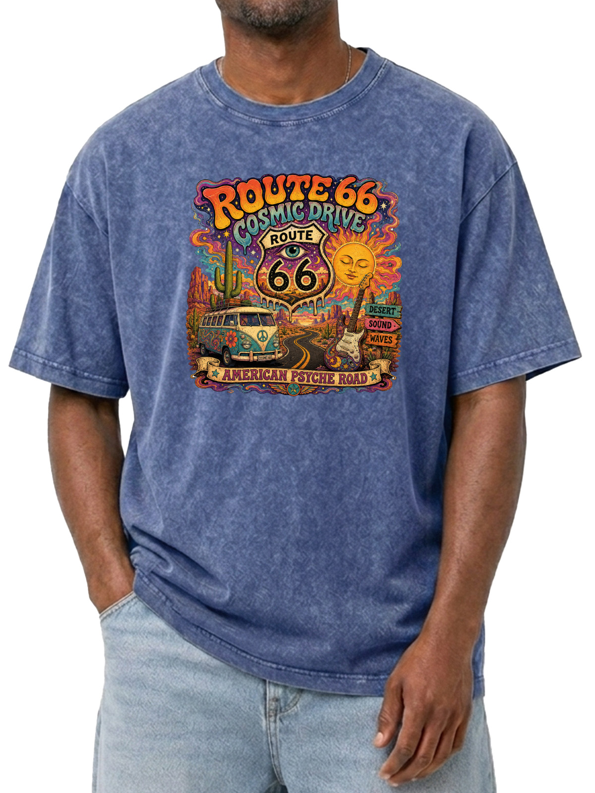 Men’s Route 66 Cosmic Drive T-Shirt Vintage Psychedelic Road Trip Graphic Tee