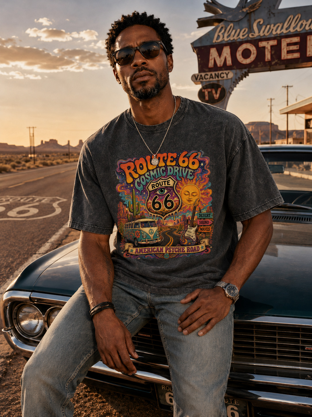 Men’s Route 66 Cosmic Drive T-Shirt Vintage Psychedelic Road Trip Graphic Tee