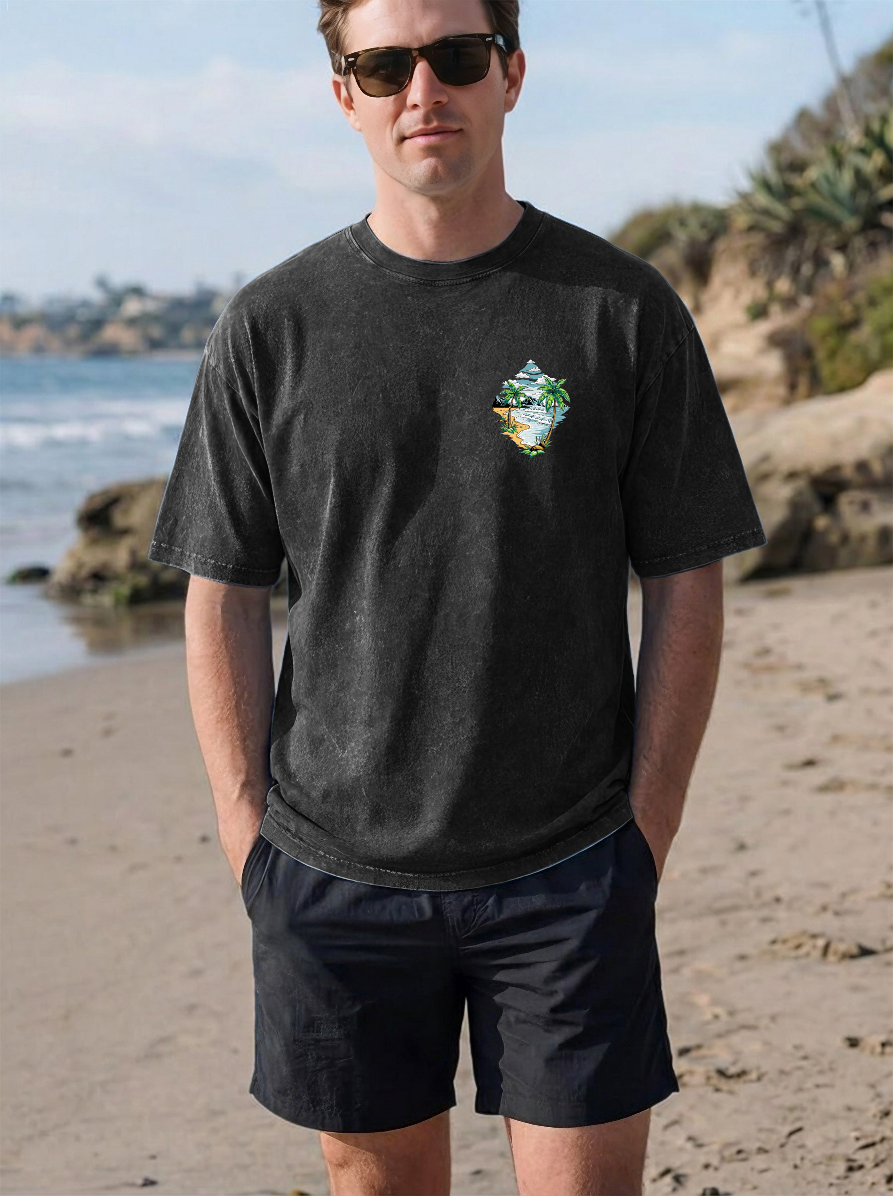 Simple Beach Printed Cotton Short-sleeved T-shirt