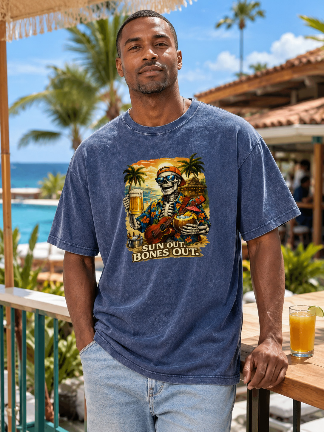 Hawaiian Sun Out Bones Out Printed Washed Cotton T-shirt