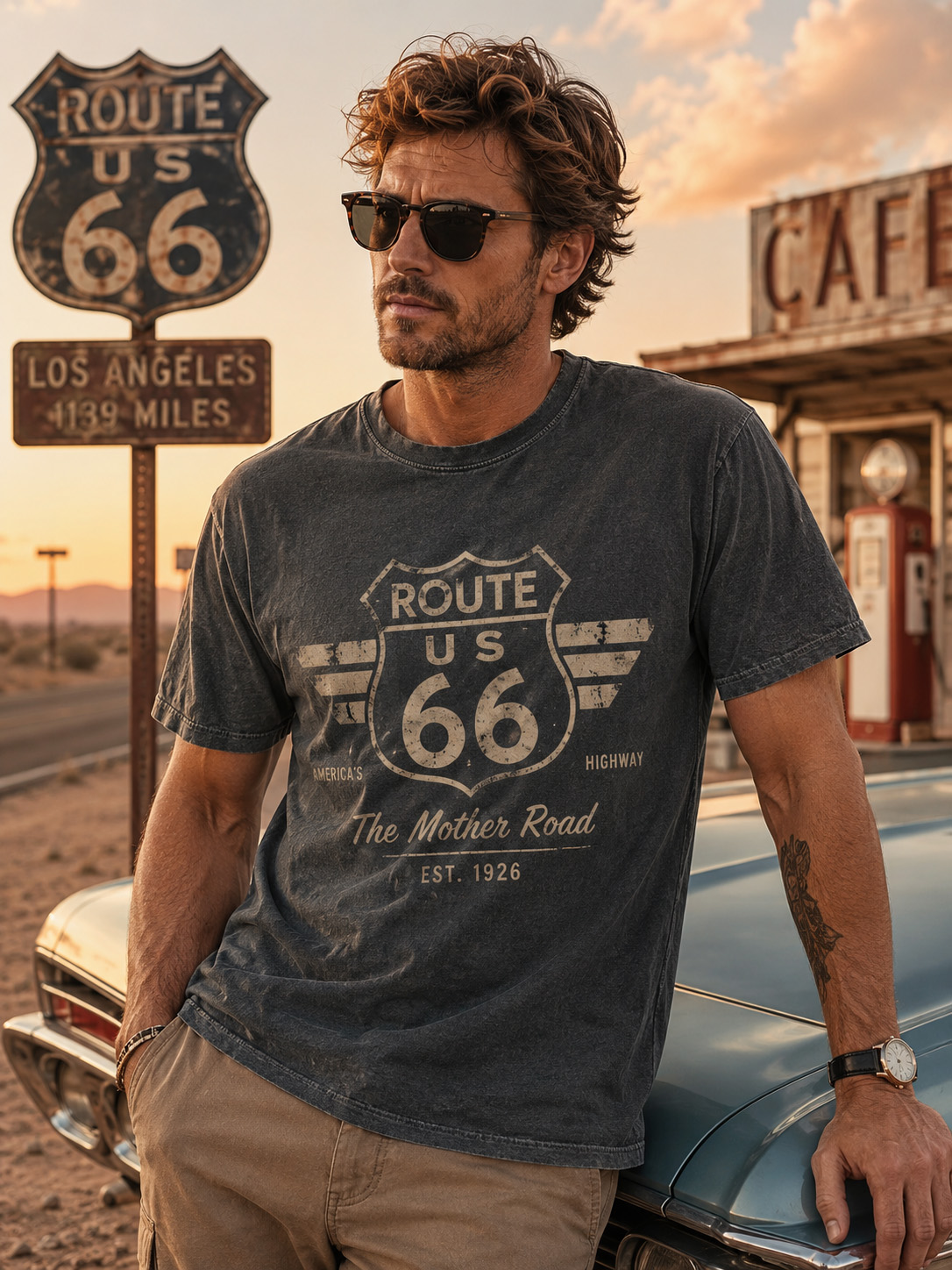 Men’s Vintage Washed Oversized T-Shirt with Route US 66 America’s Highway Graphic