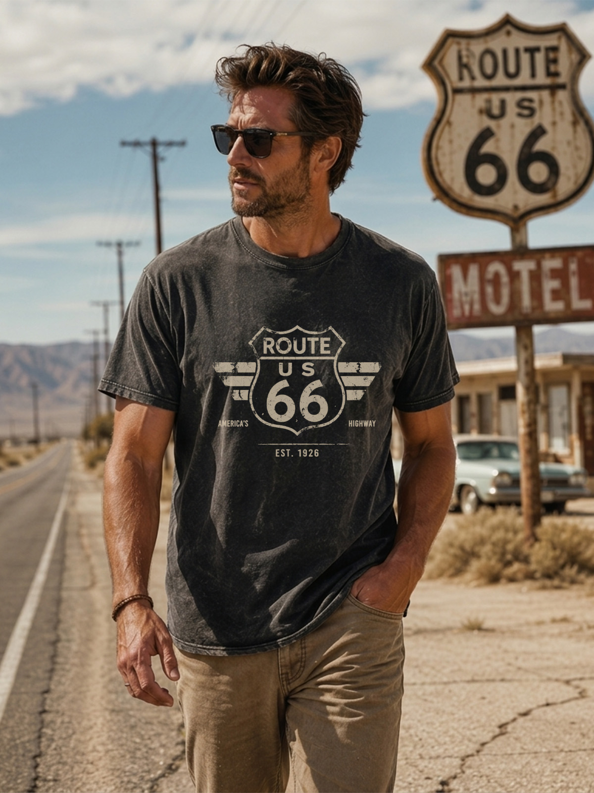 Men’s Vintage Washed Oversized T-Shirt with Route US 66 America’s Highway Graphic