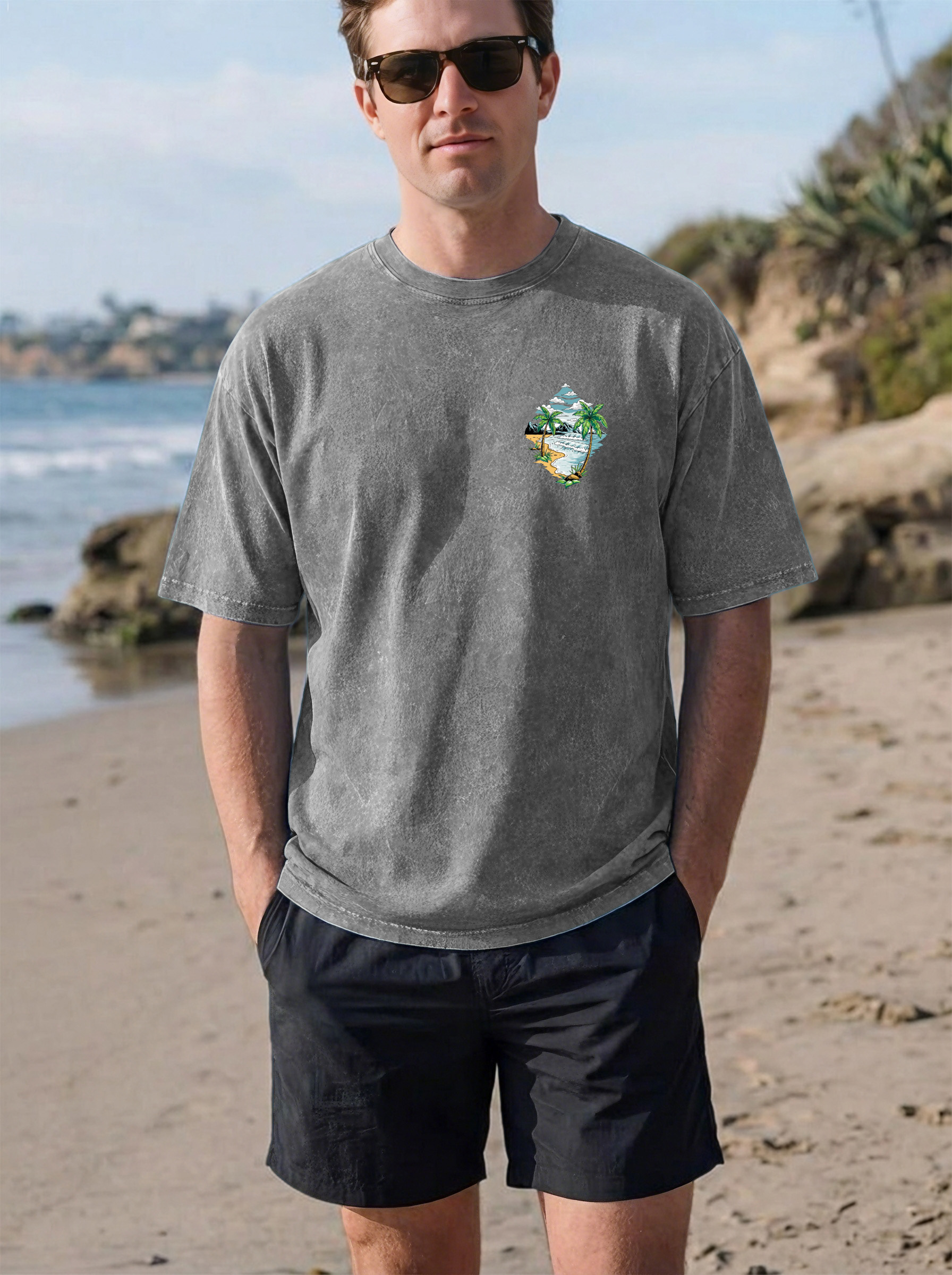 Simple Beach Printed Cotton Short-sleeved T-shirt