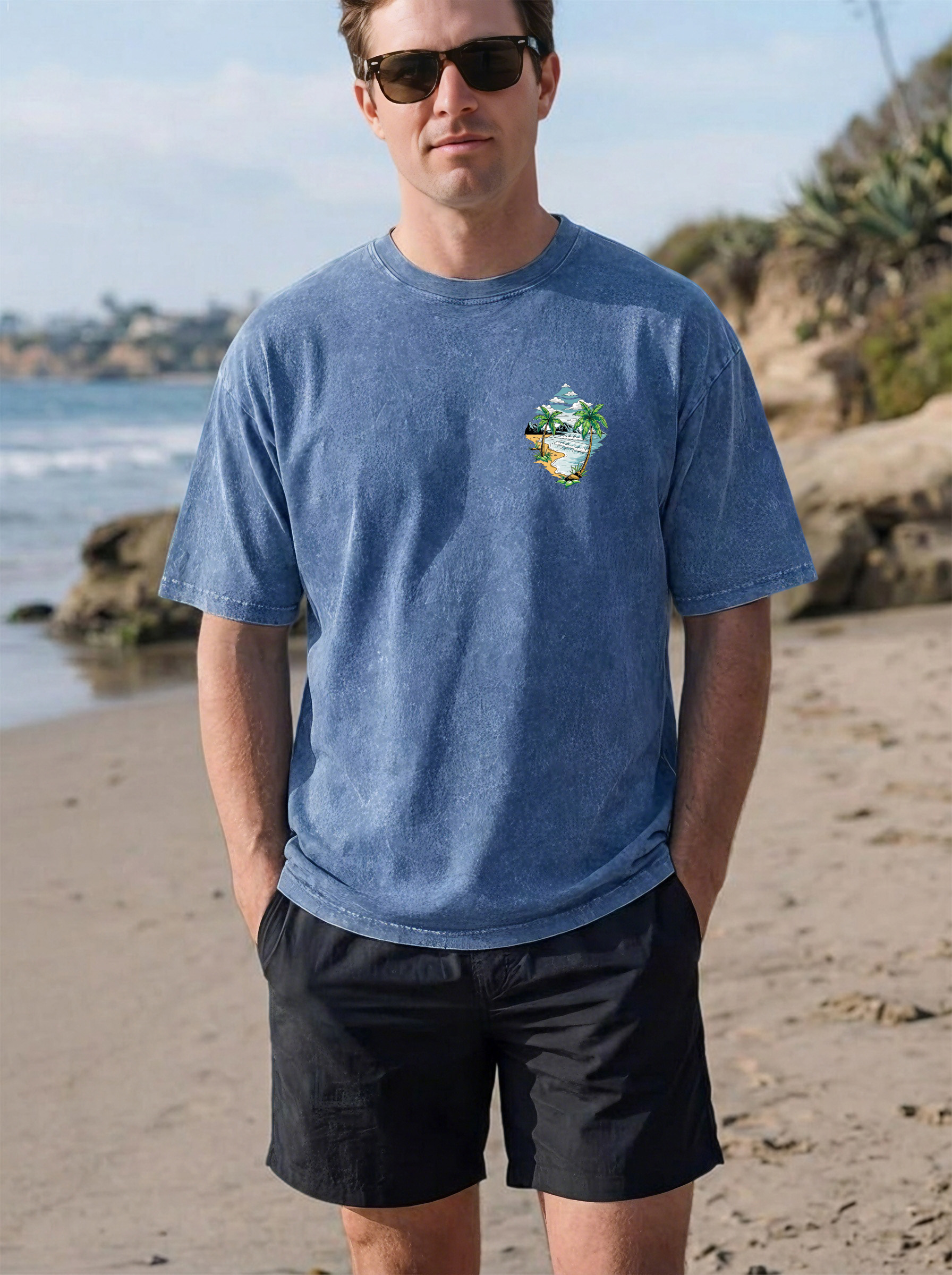 Simple Beach Printed Cotton Short-sleeved T-shirt
