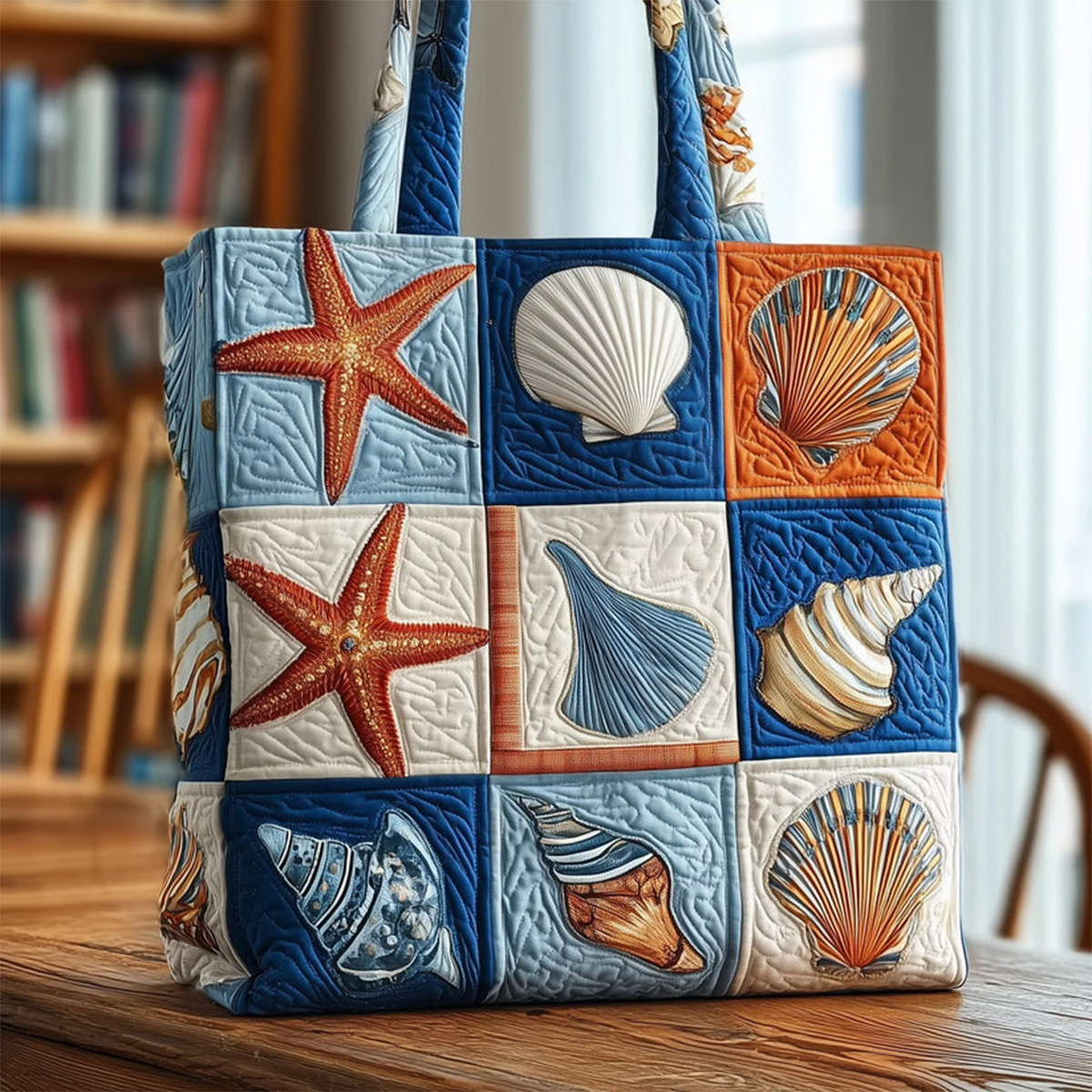 Starfish & Seashell Color-Block Quilted Tote Bag